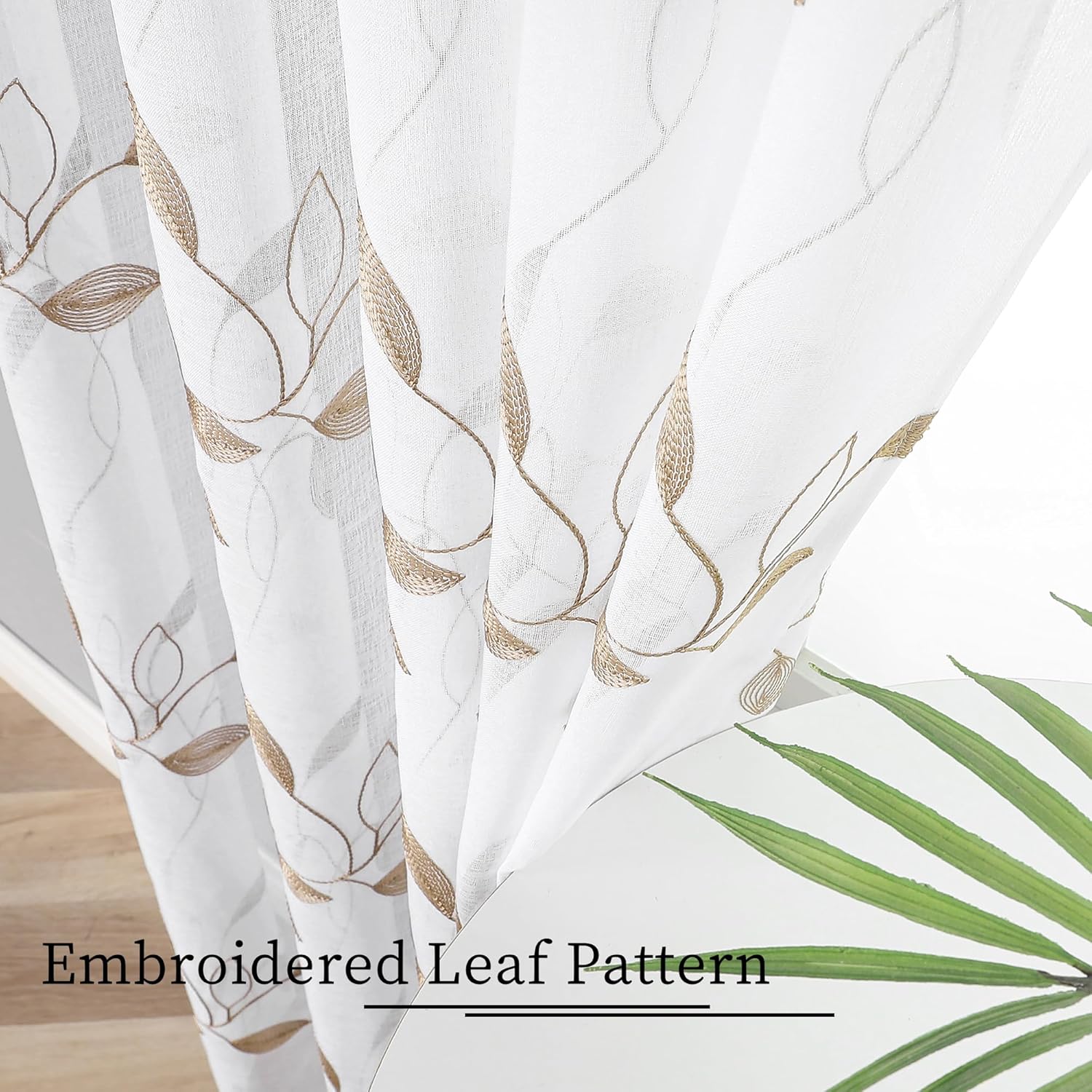 Tollpiz Taupe Leaf Sheer Curtain Leaves Embroidered Living Room Curtains Rod Pocket Voile Window Treatment for Bedroom, 54 x 72 inches Long, Set of 2 Panels