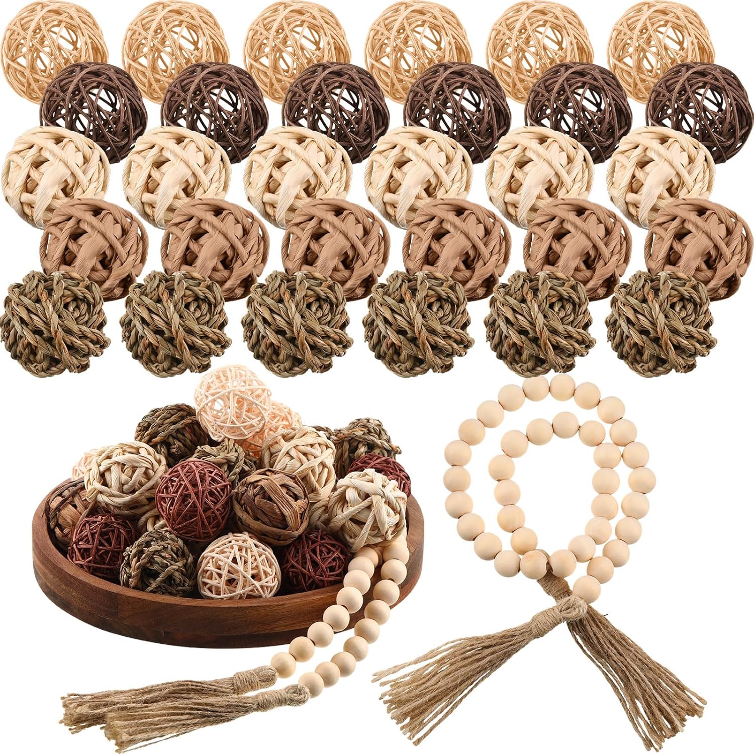 Halloscume 31 Pcs Wicker Rattan Decorative Balls with 30.3 Inch Wood Bead Garland Centerpiece Bowls Orbs Vase Fillers Wall Hanging Decor for Summer Home Farmhouse Wedding Party(Brown)