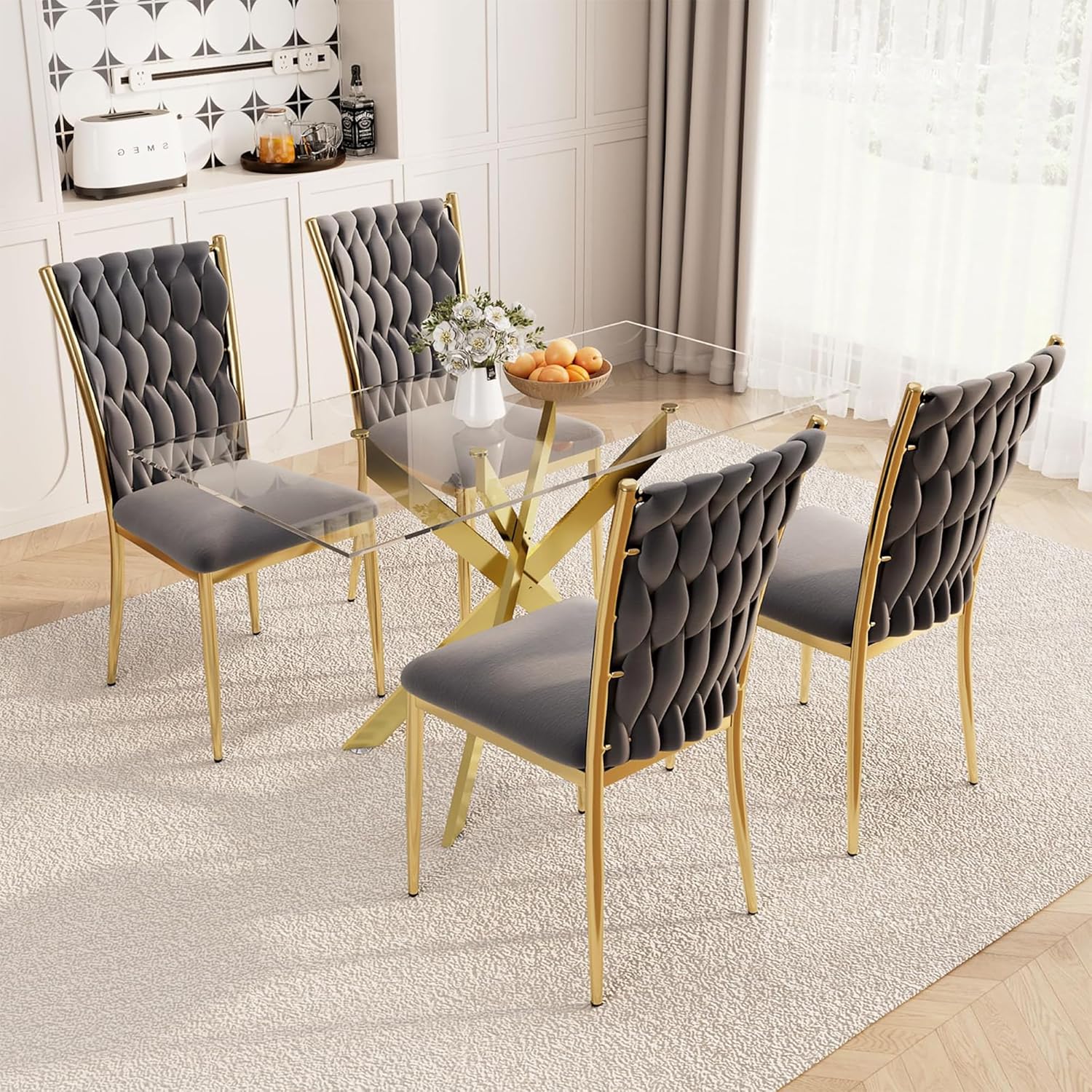 51'' Glass Dining Table Set for 4, Modern Rectangular Glass Kitchen Table with Gold Metal Legs & 4 Upholstered Velvet Dining Chairs with High Back, 5 Piece Dining Room Set for Home, Apartment(Grey)