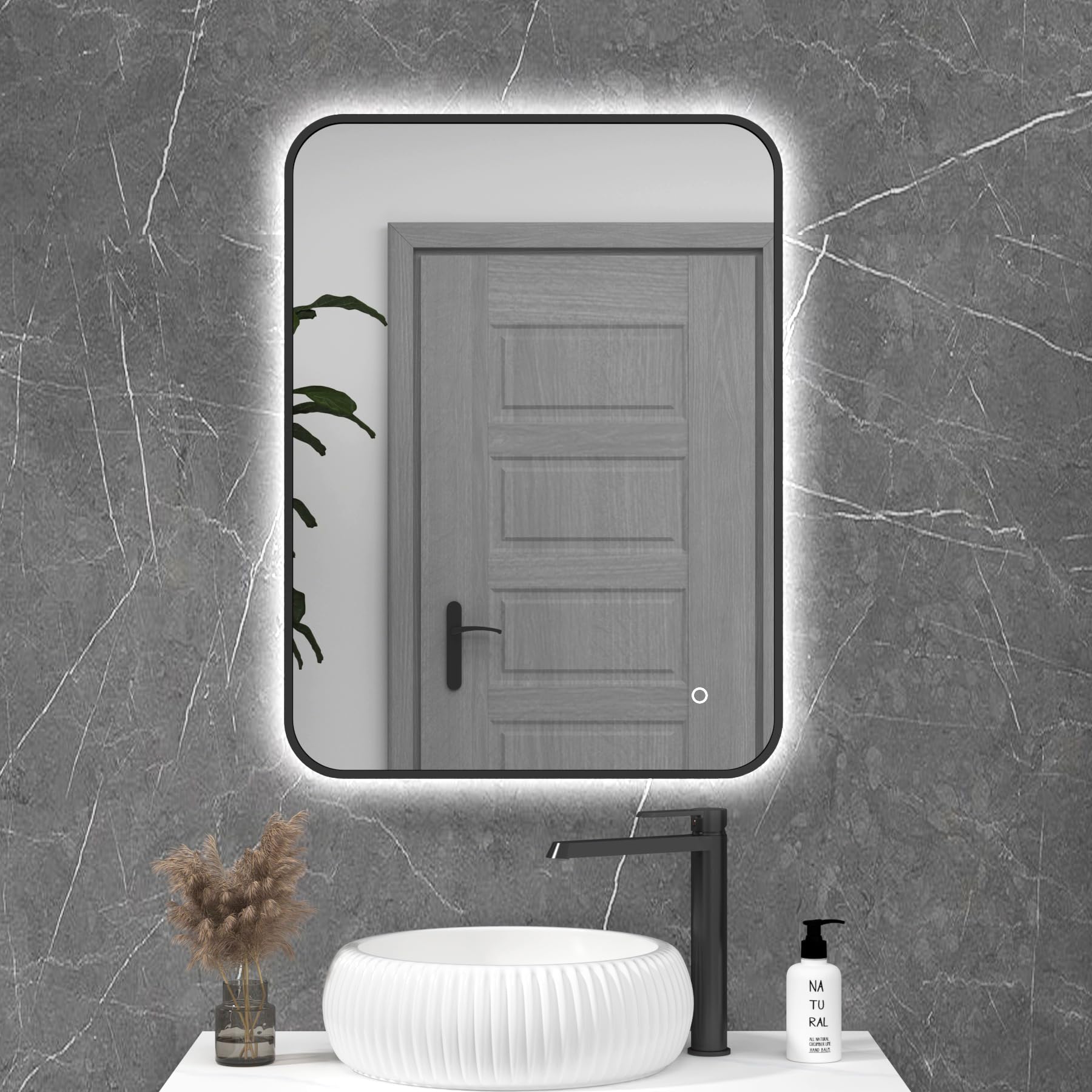 Royal Bathrooms Luton 800 x 600mm Wall Mounted Bathroom Mirror with LED Lights Matt Black Frame Illuminated Backlit Dimmable 3 Colors Anti-Fog Rectangular