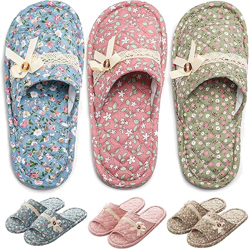 3 pares de pantuflas de algodón floral para mujer, con puntera abierta, cómodas, lavables, portátiles, plegables, para invitados, viajes, hotel,