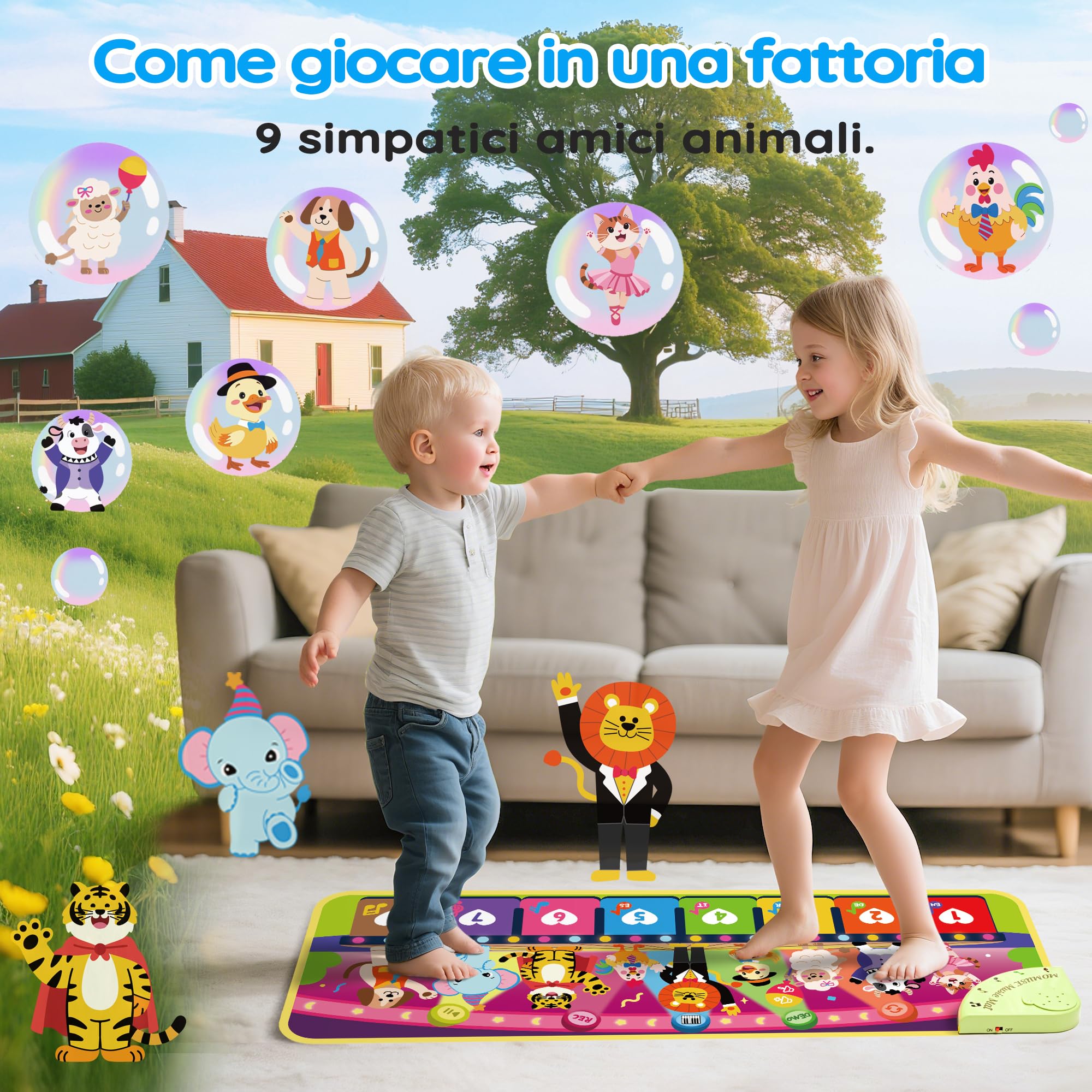 MOMUSE Tappeto Musicale 5 Lingue (IT/DE/FR/EN/ES), Regali Bambini 1 Anno, Tappeto Gioco Multilingue con 9 Animali, Portatile, Leggero, Regalo per Natale/Compleanno Bambini 1 2 3 4 Anni