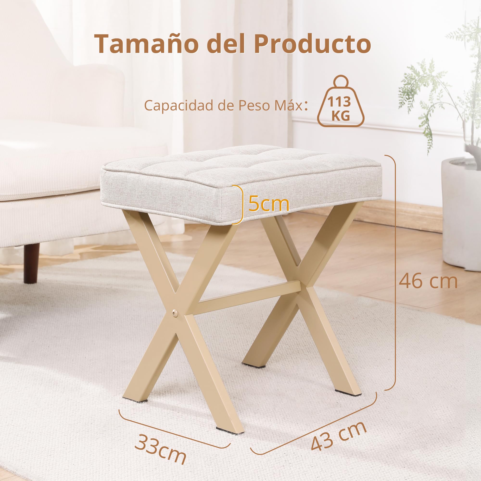 LUE BONATaburete acolchado de maquillaje con patas en X, otomano, reposapiés, de lino para salón, dormitorio, 43 x 33 x 46 cm, arena de lino