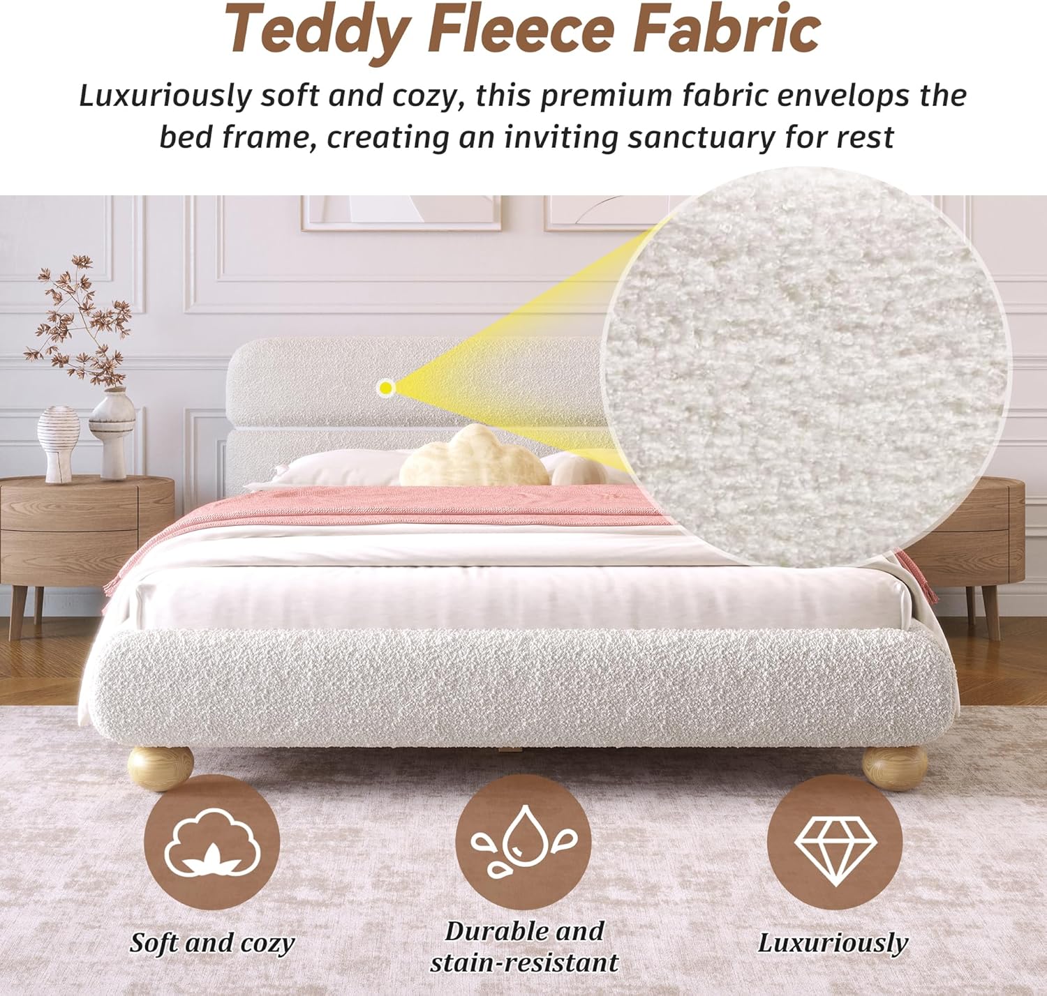 Upholstered Bed with Teddy Fleece Boucle Fabric and Solid Round Legs, Stylish Curve-Shaped Design, Contemporary Low Profile Bed Frame for Bedroom, Queen Size, White