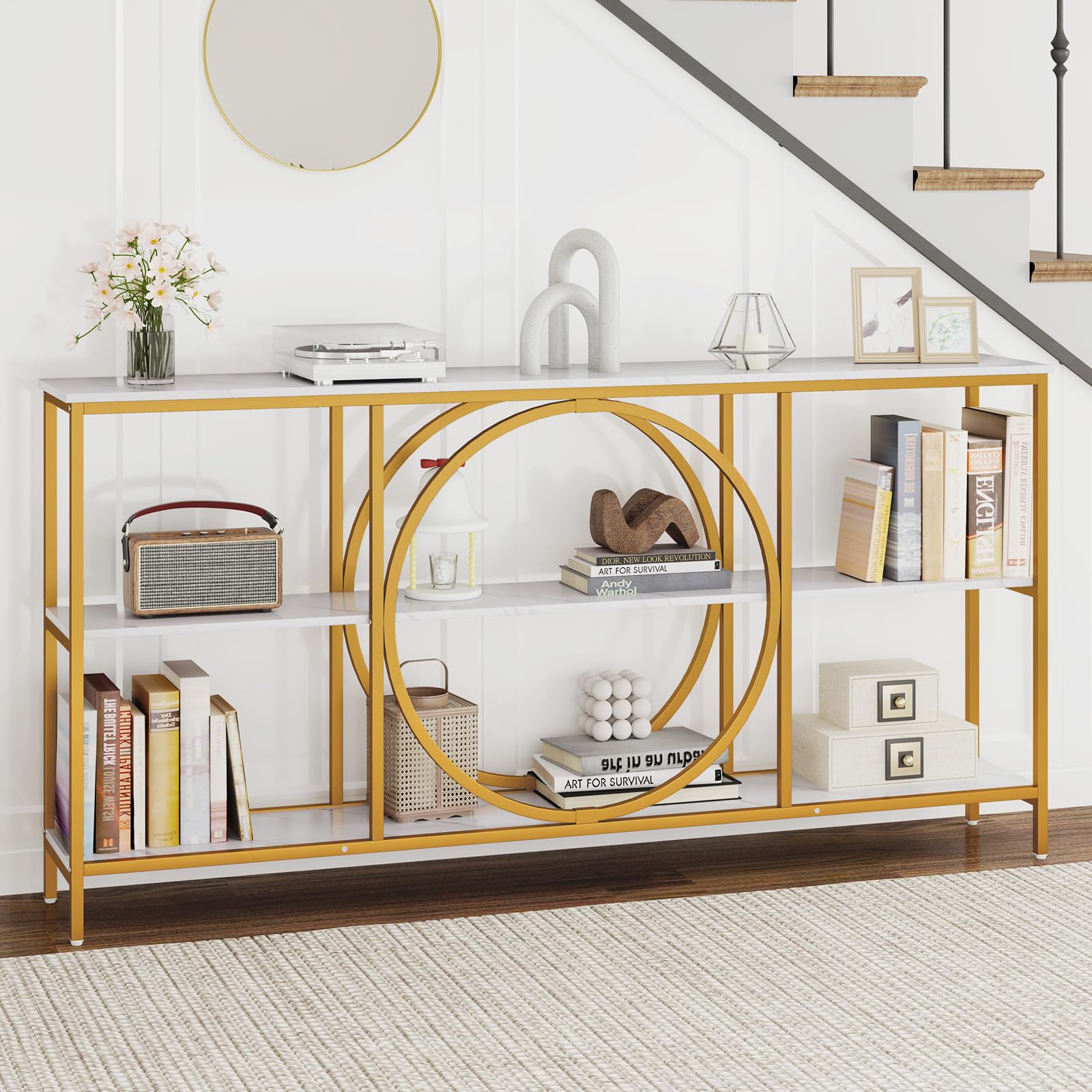LIFEZEAL 180 cm Konsolentisch, 3-stöckiger Flurtisch Eingangstisch, Schmaler Beistelltisch Sofatisch mit Metallbeinen für Wohnzimmer, Flur, Eingang (Weiß + Golden)