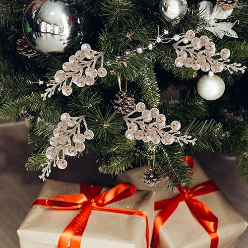 Miniatura 5 de Abaodam 10 piezas de bayas de imitación de Navidad, púas de bayas de Navidad, tallos de bayas rojas de imitación, bayas en tallos de bayas doradas