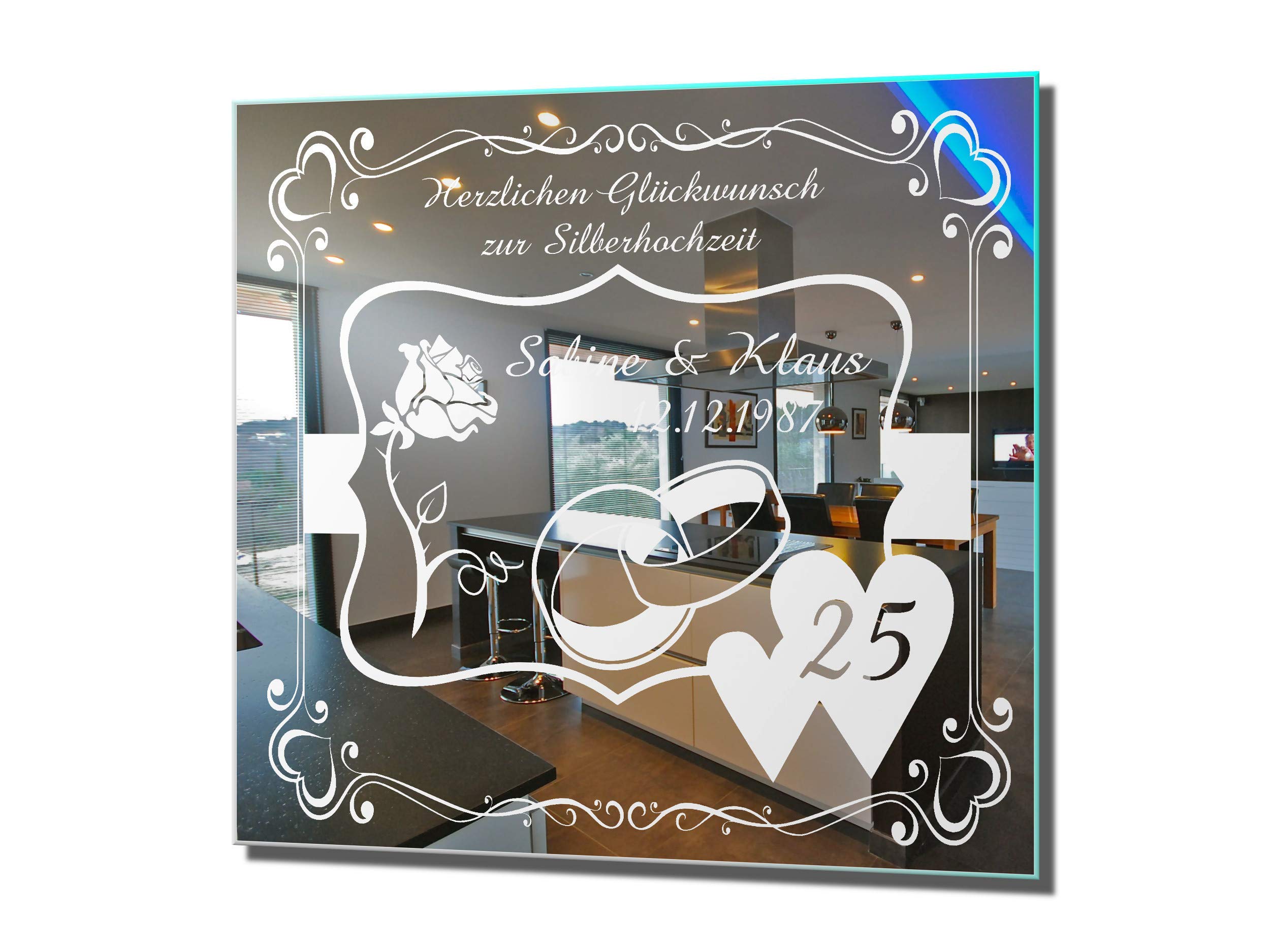 Spiegel mit Gravur zur Silbernen Hochzeit 3 ★ Wandbild ★ Hochzeitstag ★ Ehe ★ Hochzeitsgeschenk ★ 25 Jahre ★ personalisiert