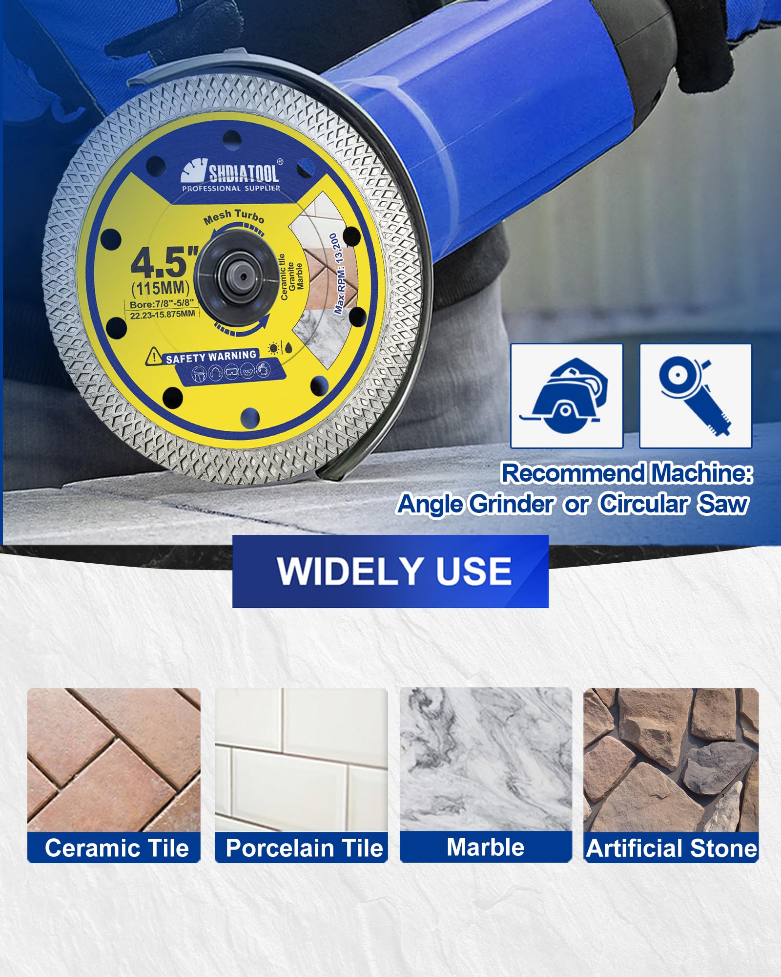 SHDIATOOL 5 lame diamantate per piastrelle da 10,5 cm, disco da taglio super sottile per smerigliatrice angolare, pergolato da 7/8", taglio a secco a umido, porcellana, ceramica, marmo, granito
