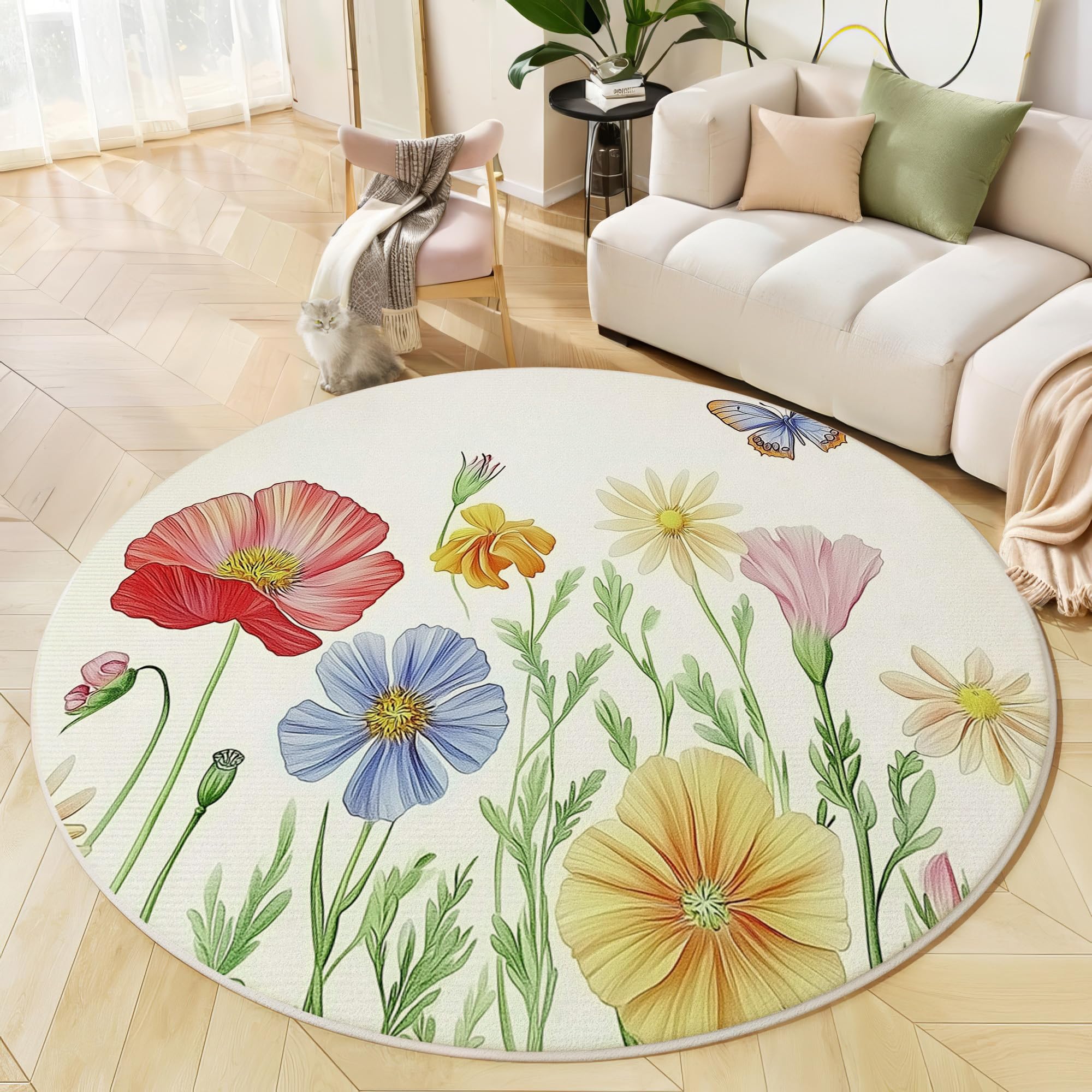 Tapis de salon lavable rond 200cm blanc anti-glisse contre la poussière et les taches