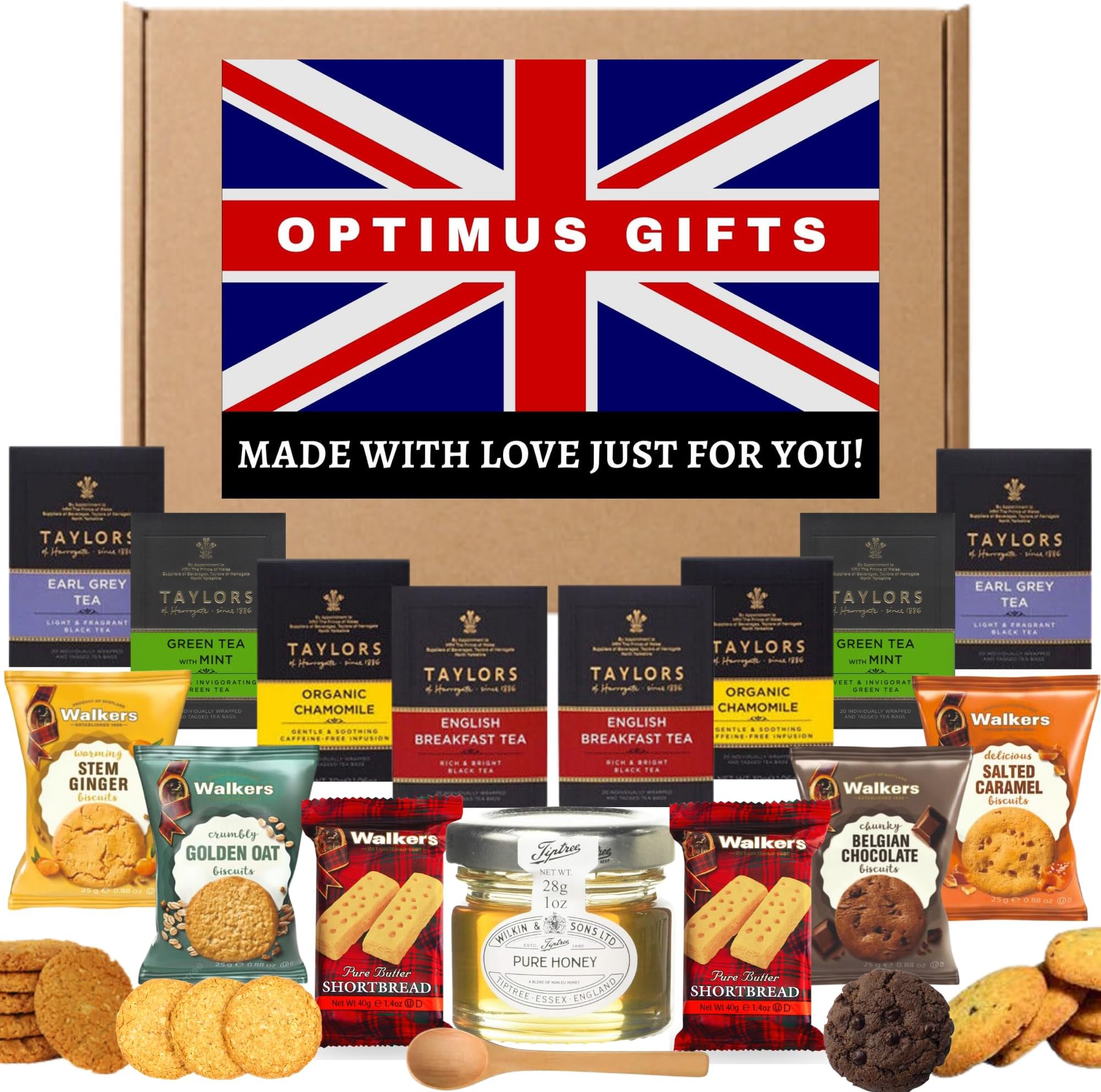 Great British Tea Hamper - Taylors of Harrogate English Teas | English Tea Biscuits, Walkers Biscuits, Walkers Shortbread, Tiptree Honey, Wooden Teaspoon - British Import | Ideal gifts for tea lovers
