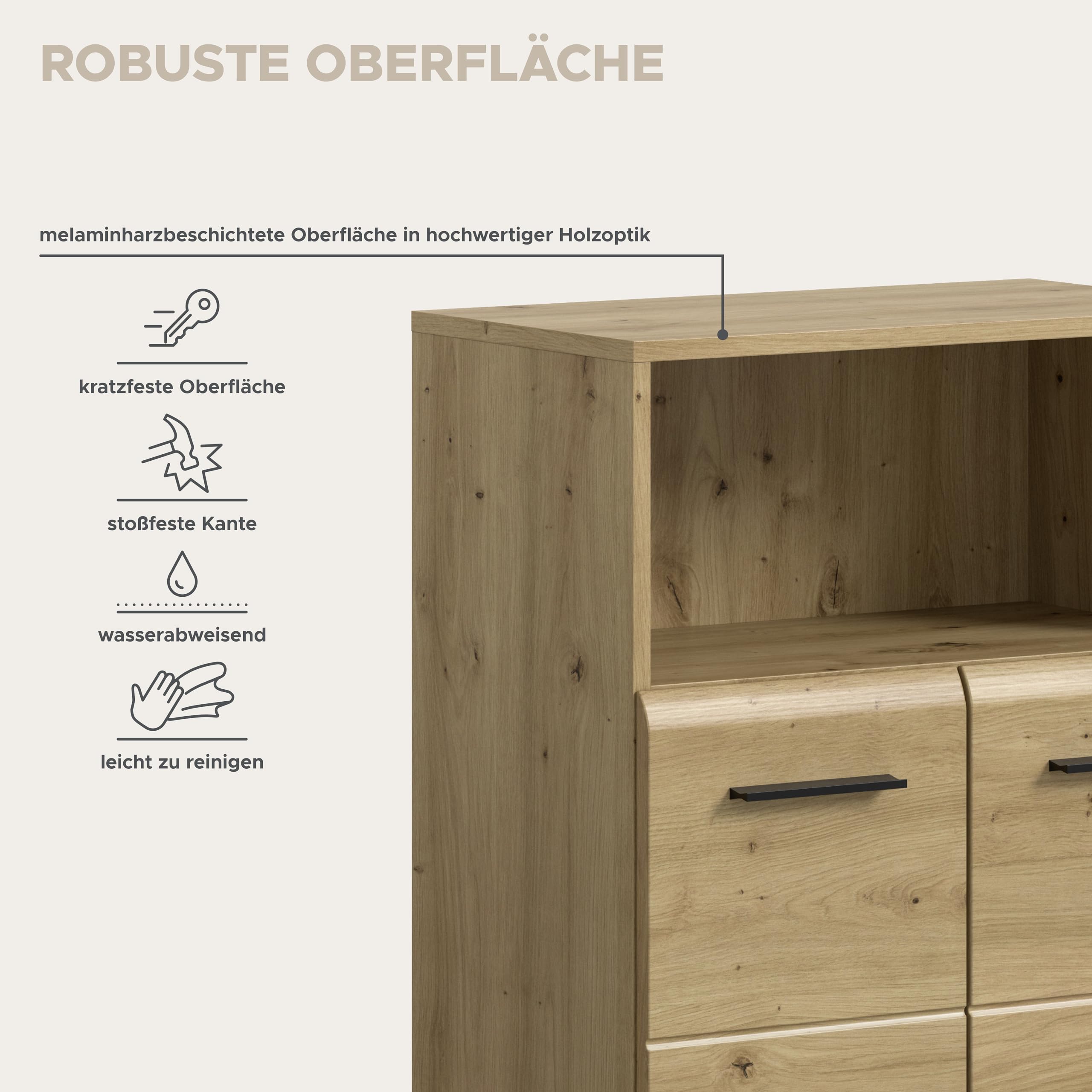 xonox.home – Standschrank breit Ice 60x80x30 cm in Korpus und Front Artisan Oak Nachbildung – Eleganter Badschrank Schrank in Holzoptik – großzügiger Stauraum – Bild 9