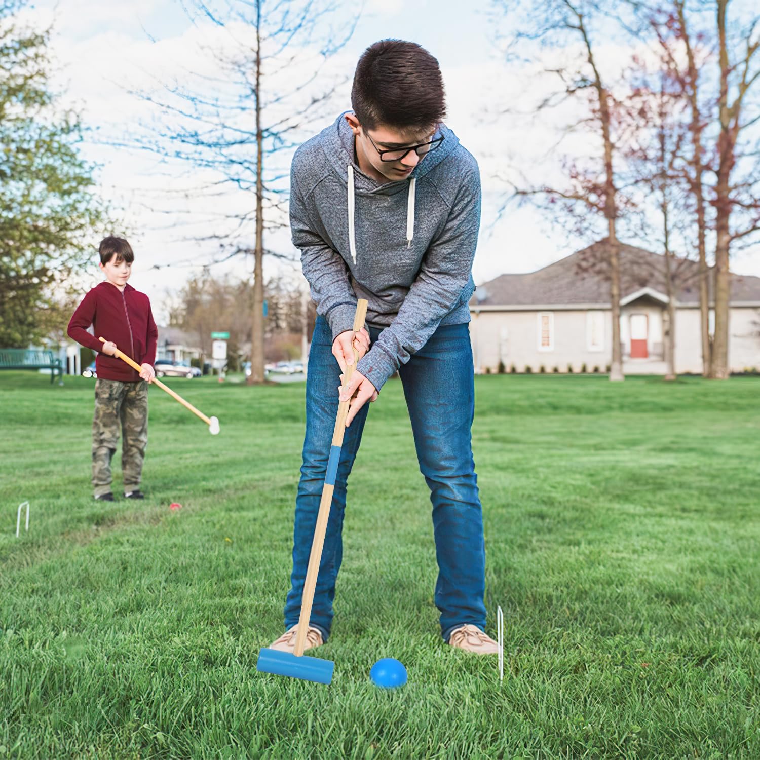 Fiqops Jeu de croquet 2 à 4 joueurs - Jeu de croquet avec sac - Pour enfants et adultes - Jouet en bois - Pour l'extérieur - Famille - Jeu d'adresse