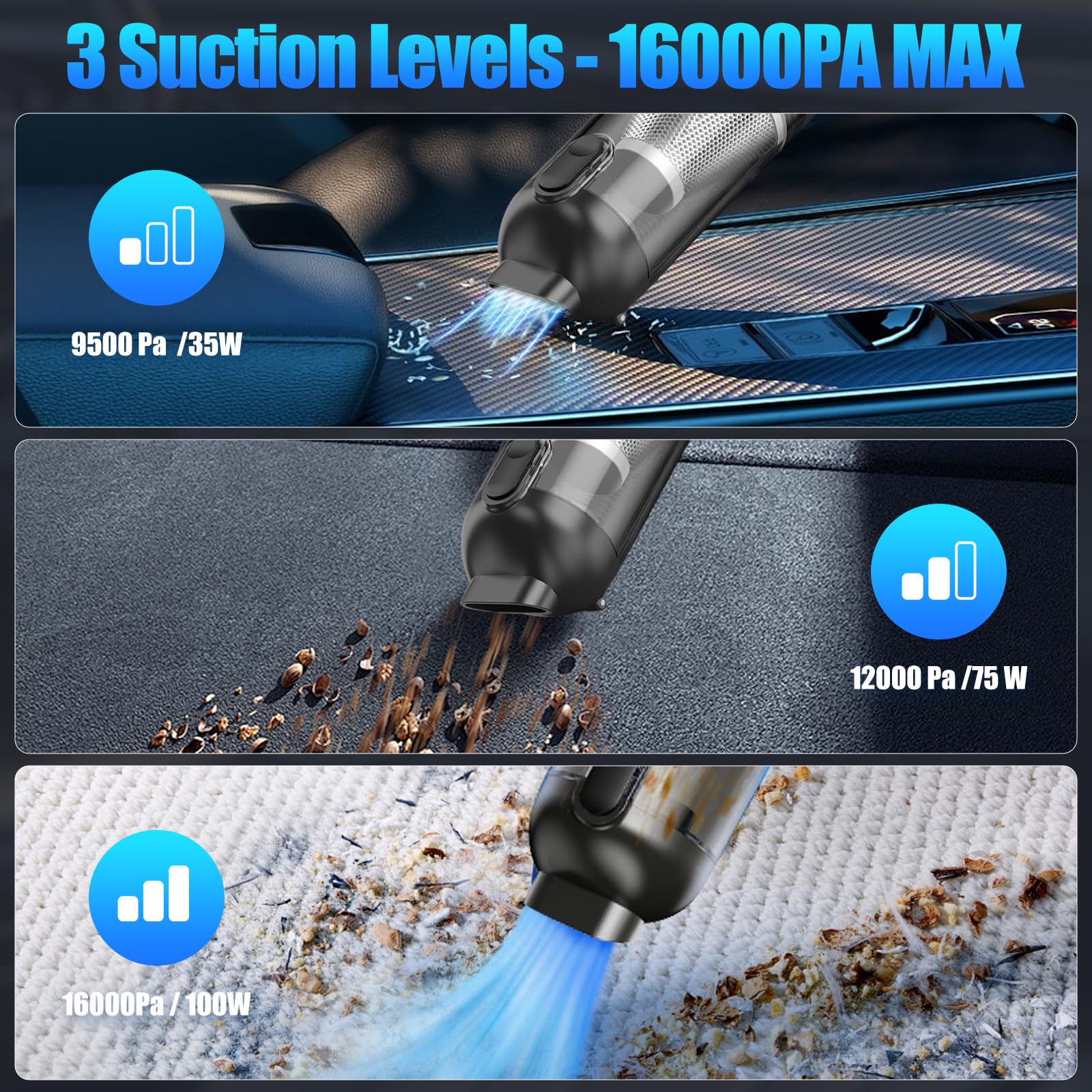 Journeyside Aspirateur à Main pour Voiture, 16000PA Aspirateur à Main sans Fil, Aspirateur pour Voiture 2 en 1, Écran de Batterie LED, 3 Niveaux D'aspiration pour Nettoyage Recoins et Ppetits Débris