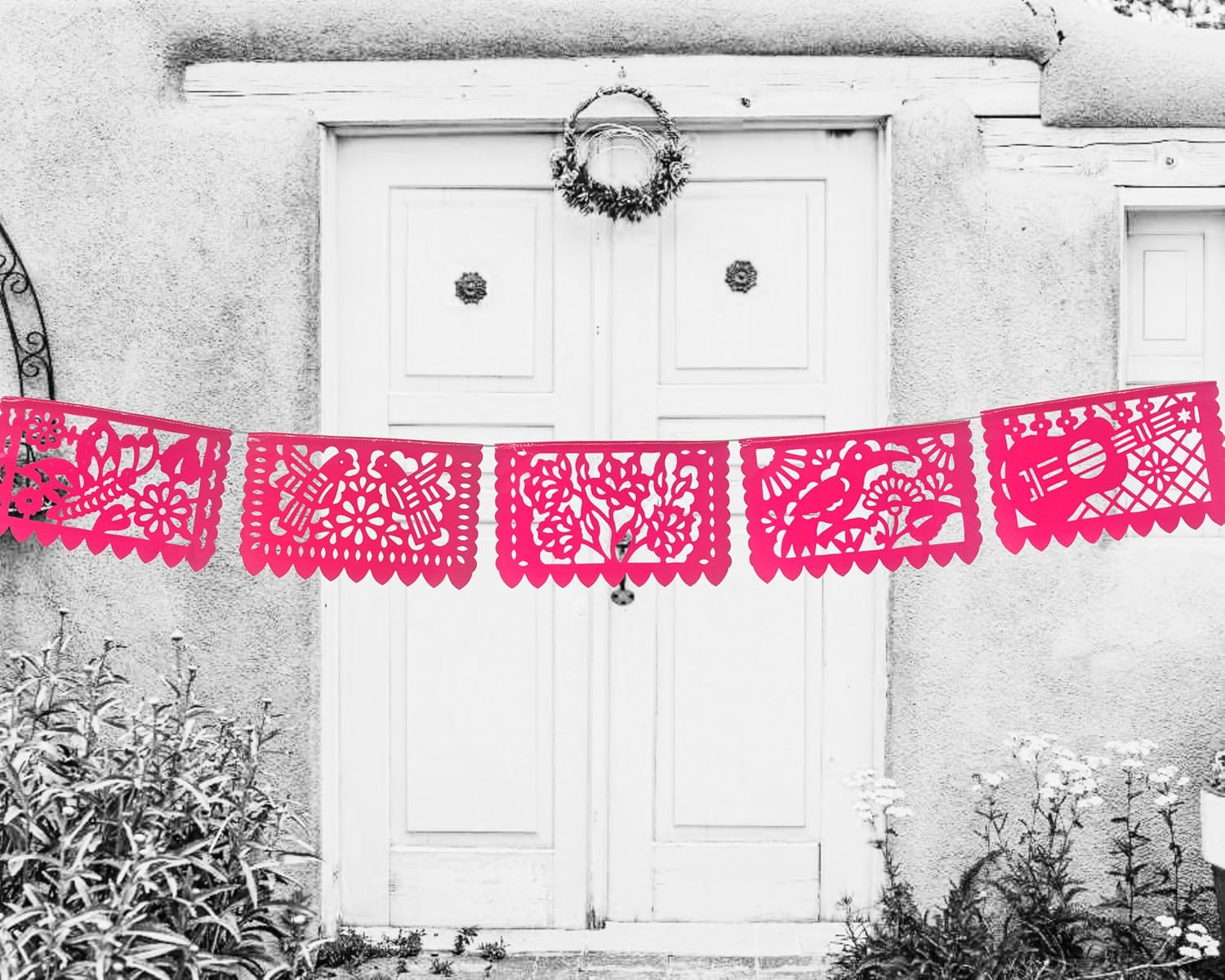 Picado Flags, Pink Papel Picado Plastic Banner, Mexican Party Decorations Ideal for Mexican Weddings, posadas, Birthdays, Bright Pink Party Decor 3pack