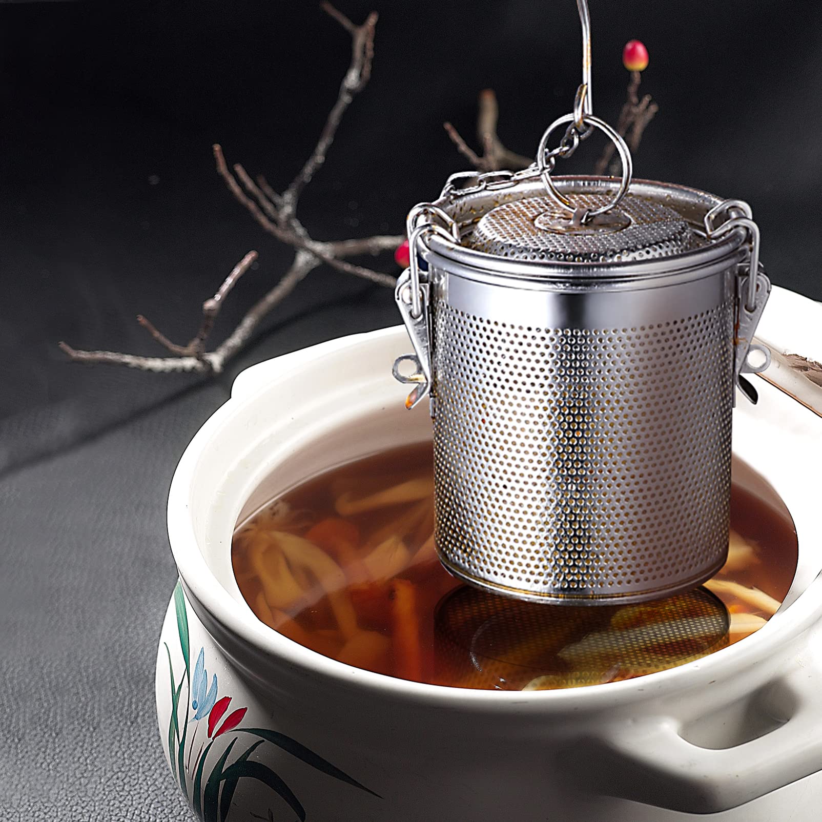 Bola de especias de acero inoxidable, colador de té de malla fina, infusor de té de acero inoxidable con gancho de cadena extendido for condimentos de especias de té de hojas sueltas (4,9 x 5,1 pulgad