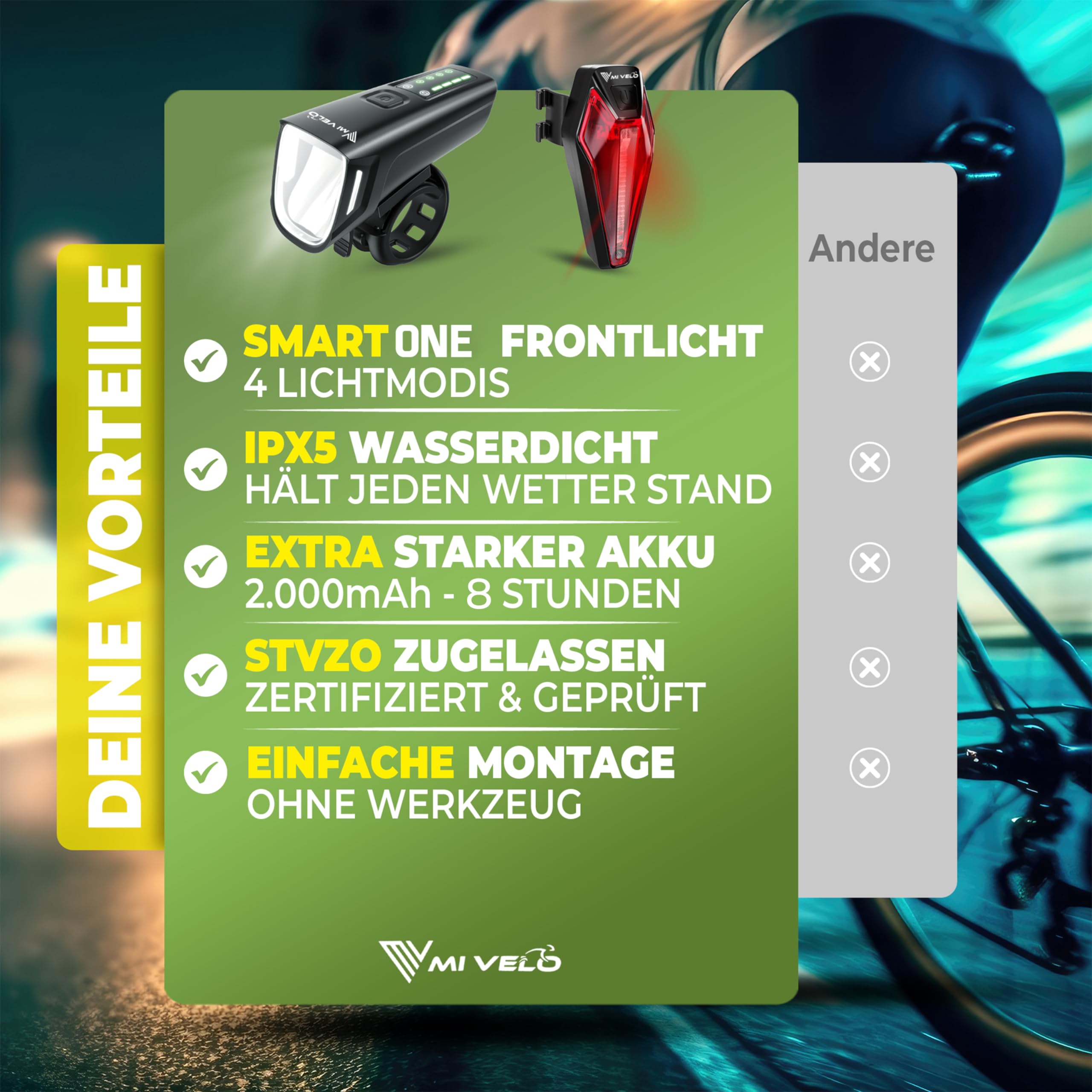 MIVELO SMART ONE Kit d'éclairage de vélo I Éclairage de vélo certifié StVZO 11 h d'autonomie I Rechargeable par USB et 100 % étanche I Lumière avant et arrière de vélo
