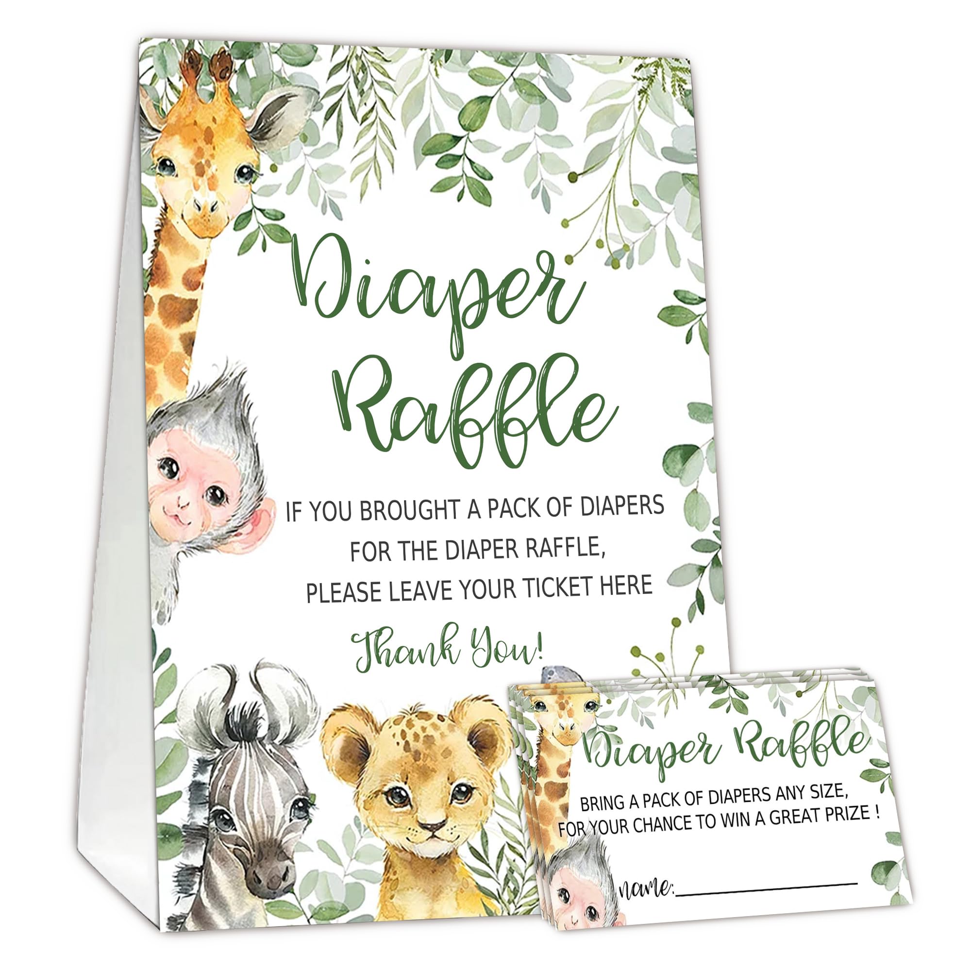 Jungle Animals Diaper Raffle Tickets for Baby Shower Game, 1 Standing Sign(5 * 7 Inch) & 50 Guessing Cards for Baby Shower Party Decoration