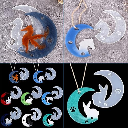 Miniatura 5 de Craftdady 8 moldes de silicona de luna creciente para animales, conejo, delfín, gato, ardilla, caballo, caballito de mar, moldes de fundición de