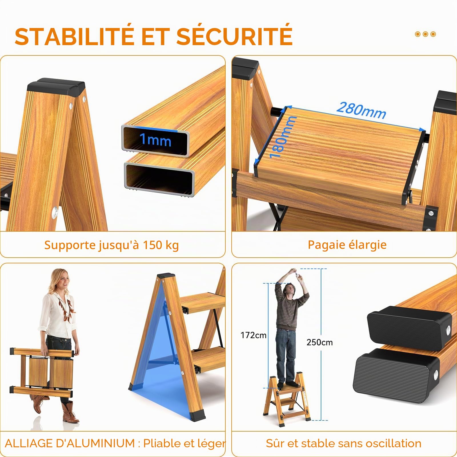 KULACO Escabeau 2 Marches Pliable en Aluminium Marchepied Pliant Portable Antidérapant Jusqu'à 150 kg Échelle Polyvalente Design Imitation Bois pour Cuisine Salle de Bain Camping Jardinage