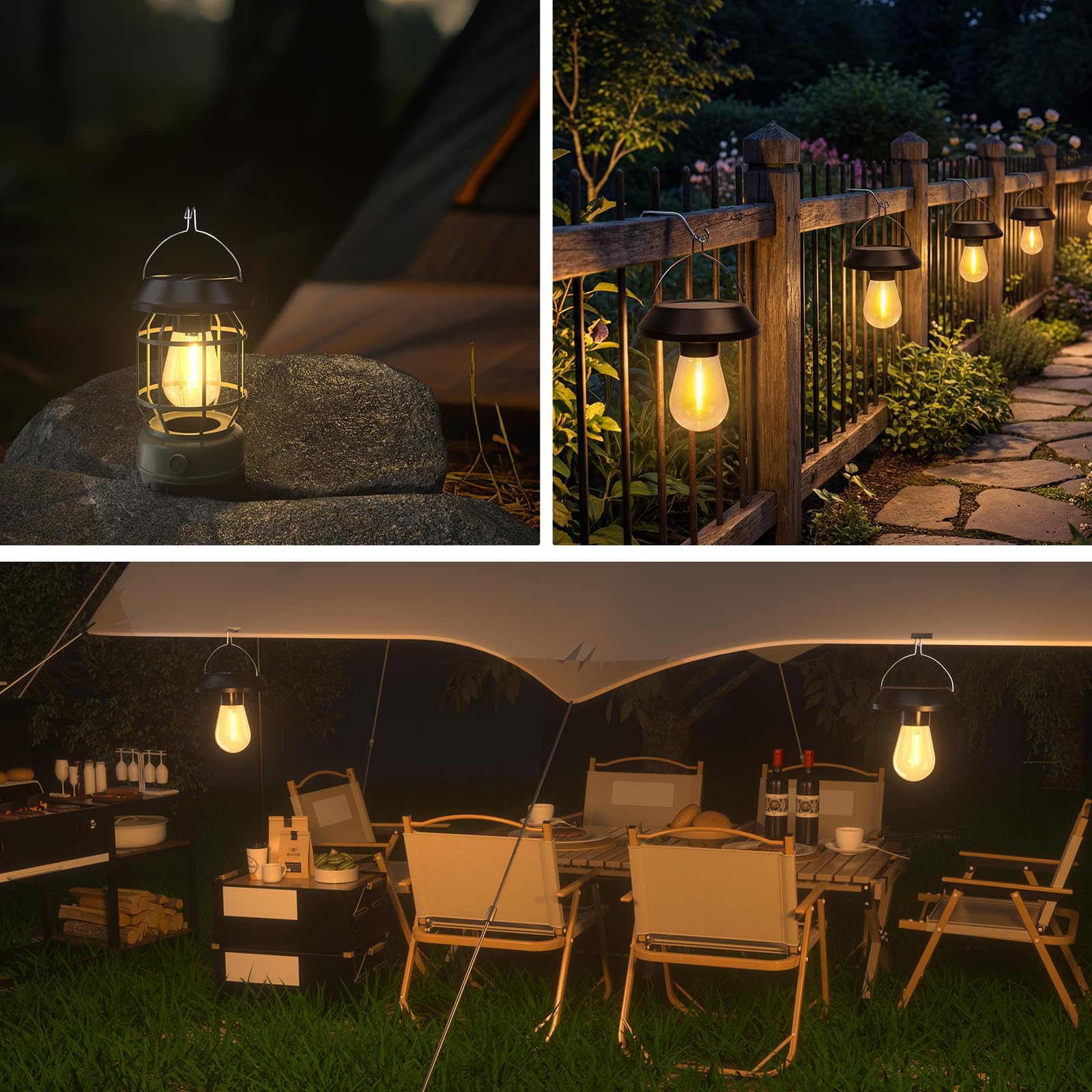 Lampada da Campeggio LED Solare, Lanterna Solare per Tenda, Luce Solare Esterno IP44 con Gancio, Lampada Tenda per Campeggio, Trekking e Illuminazione di Emergenza, 2 Pezzi