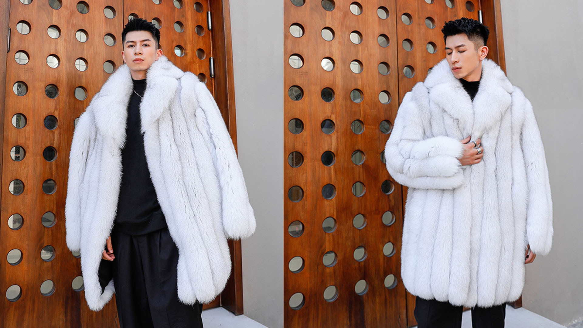 Denny&Dora Men's Real Fox Fur White Jacket Mid-Length style Winter