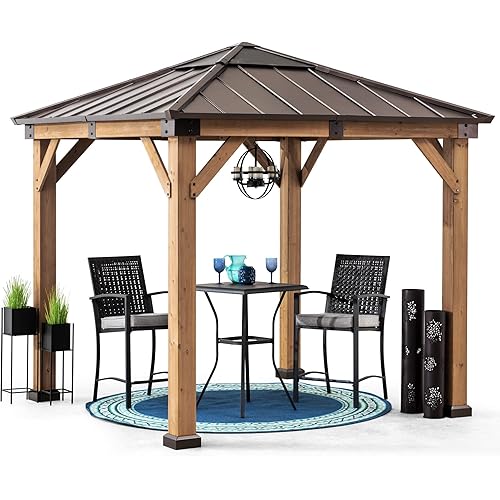 Sunjoy Hardtop Gazebo 9 x 9 ft. Upgrade Cedar Framed Wood Gazebo with Brown Steel & Polycarbonate Hip Roof Hardtop for Garden, Backyard Shade, Brown Roof + Natural Wood Frame