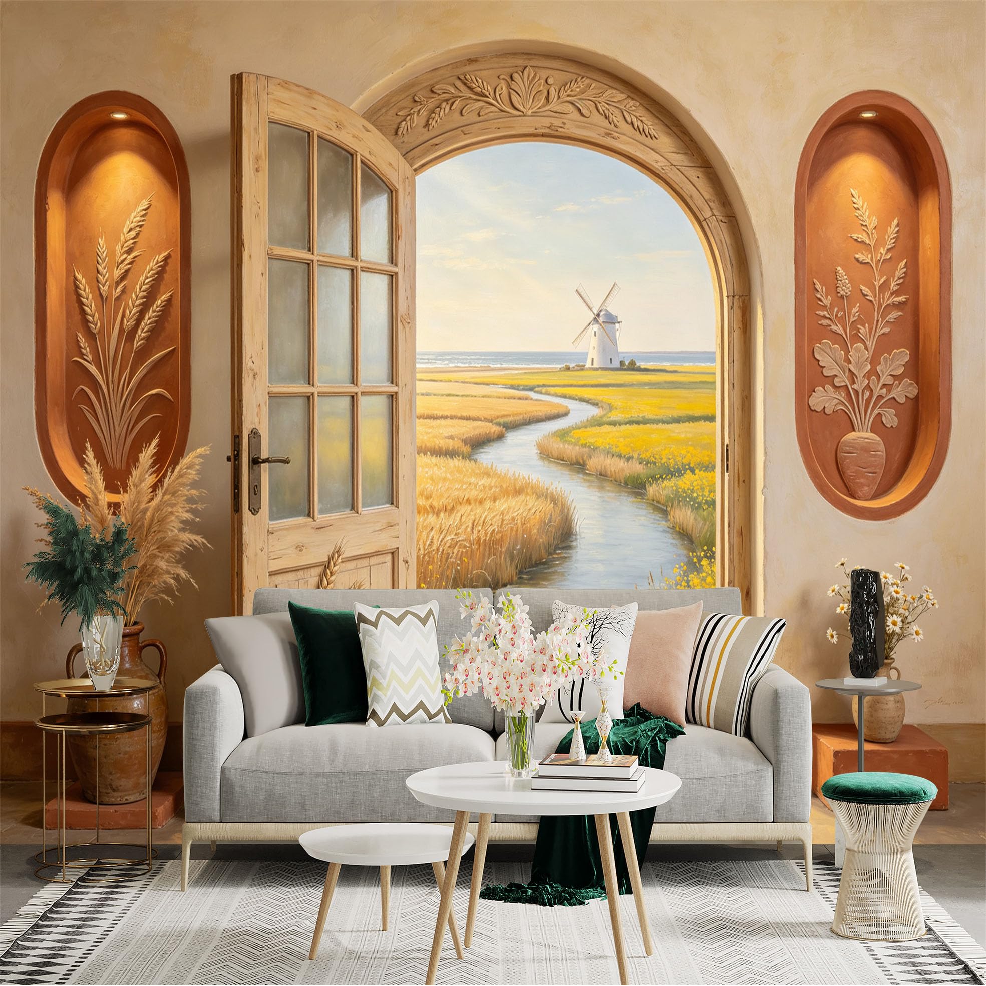 Custom Size Wall Sticker Mural， Rustic Doorway with River， Wheat Field and Windmill Landscape， for wall Decoration， peelandstick wall Decals.