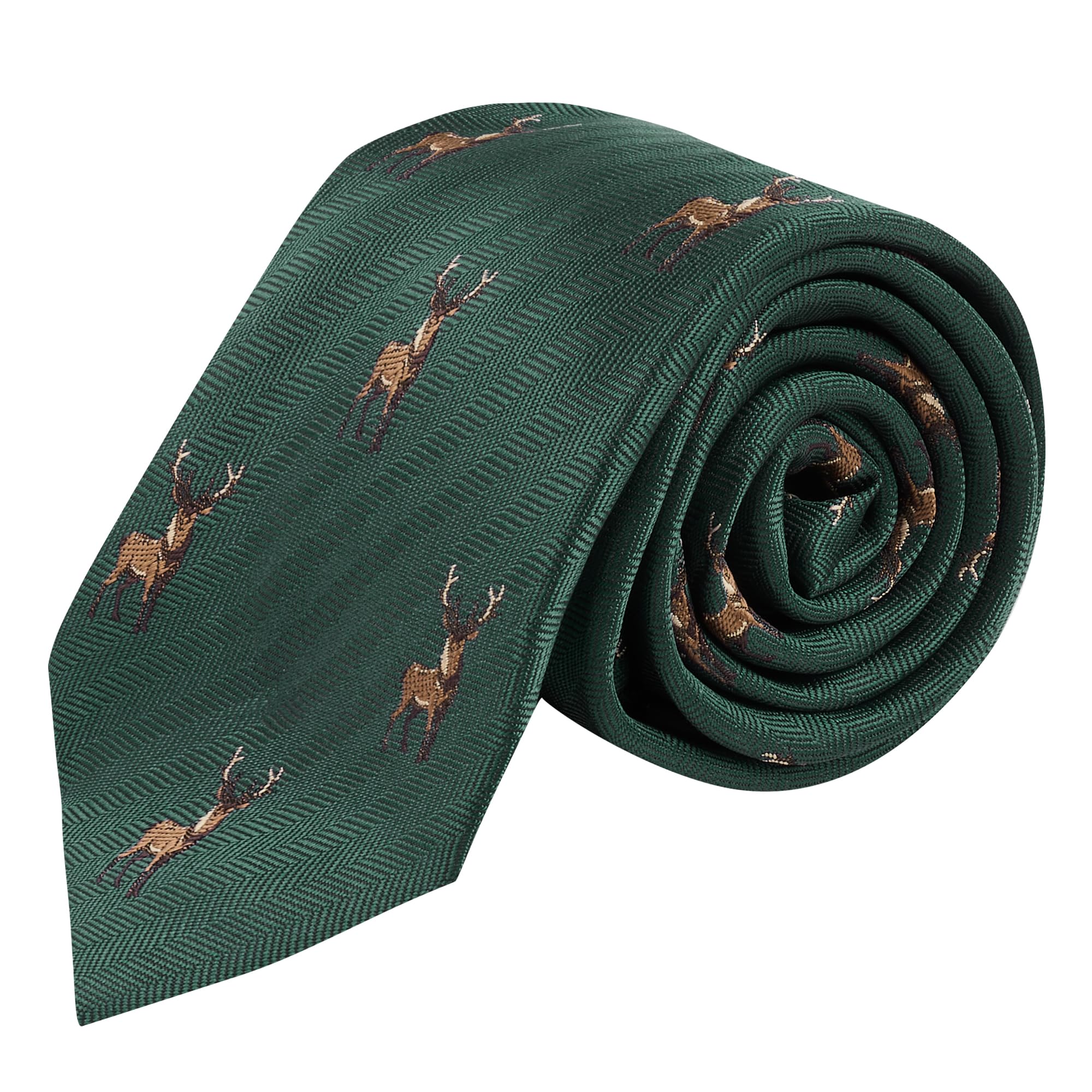King & Priory Standing Stag Dark Green Herringbone Embroidered Tie
