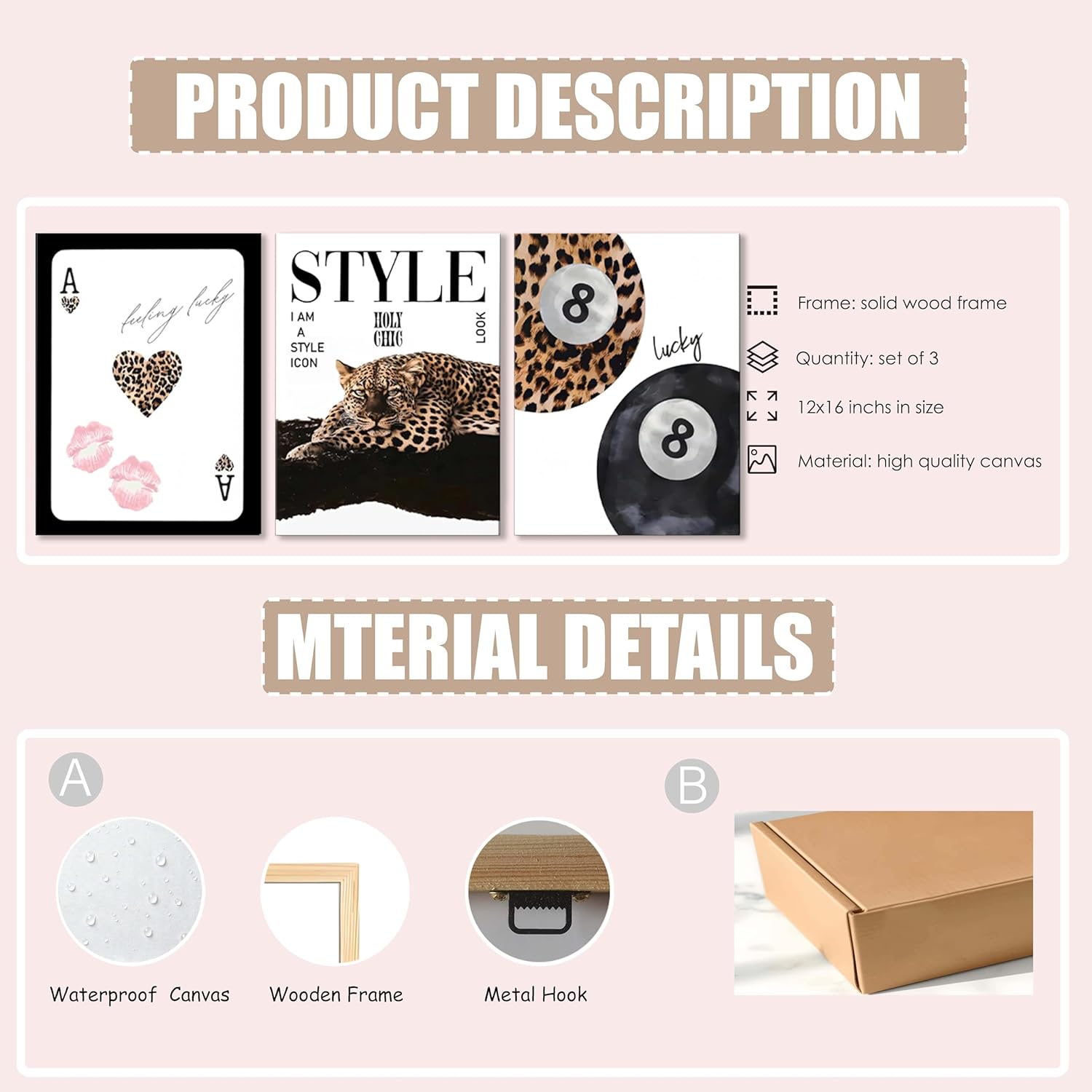 3Pcs Trendy Leopard Wall Art Canvas,Vintage Preppy Aesthetic Stylish Leopard skateboard Funky Lucky 8Ball Cheetah Artwork Posters Print for Bedroom Living Room Bathroom Decoration12X16in Framed
