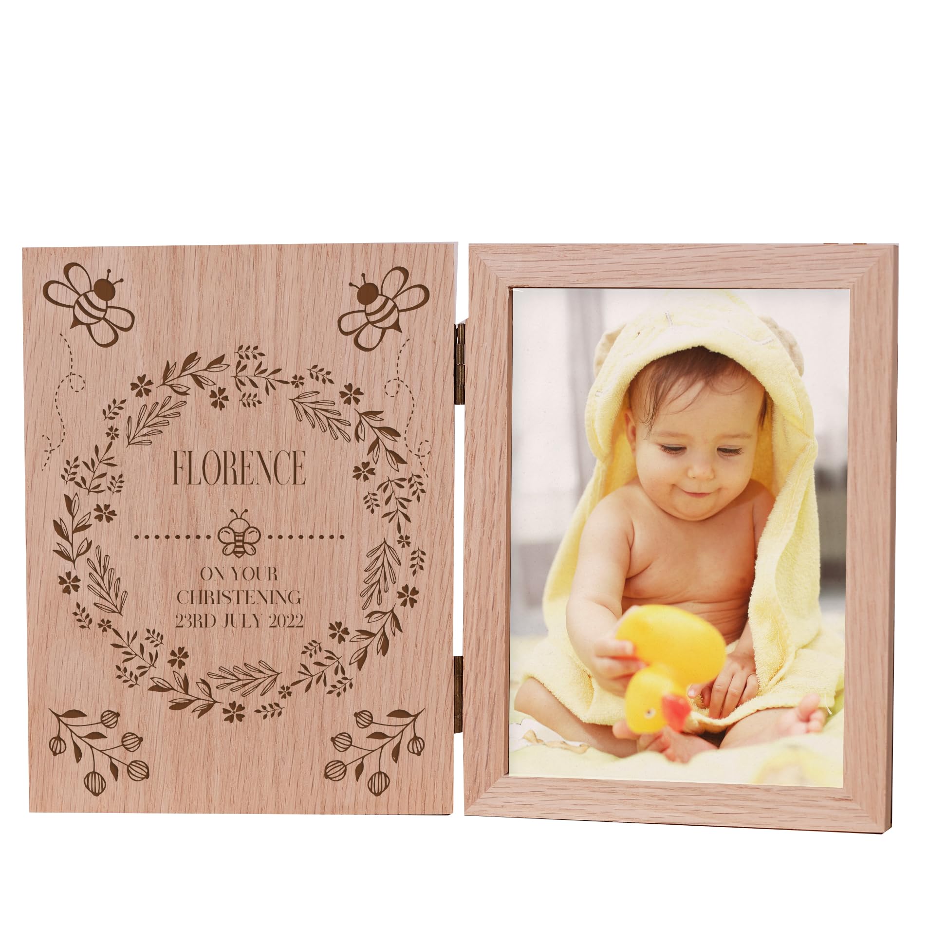 Personalised Christening Or Baptism Book Photo Frame Oak Wood Gift
