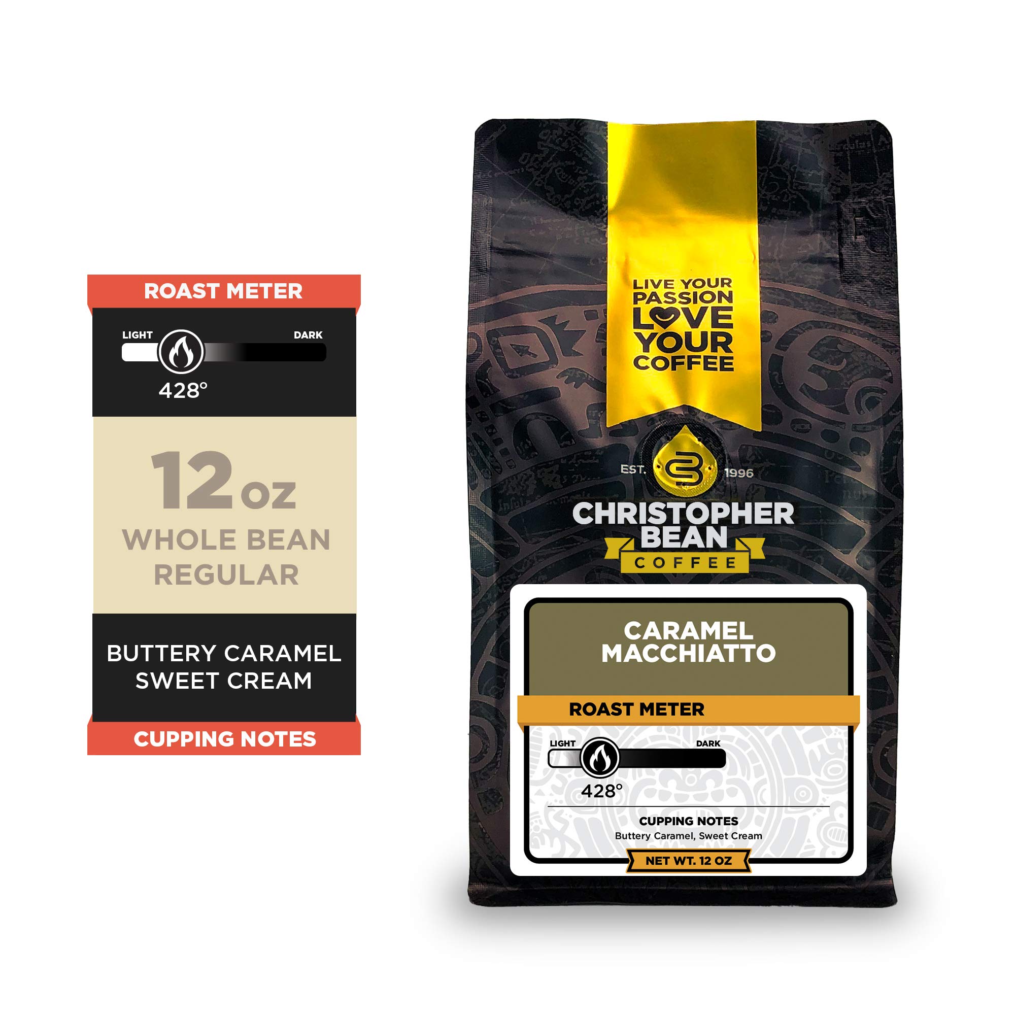 Christopher Bean Coffee - Caramel Macchiato Flavored Coffee, (Regular Whole Bean) 100% Arabica, No Sugar, No Fats, Made with Non-GMO Flavorings, 12-Ounce Bag of Regular Whole Bean Coffee