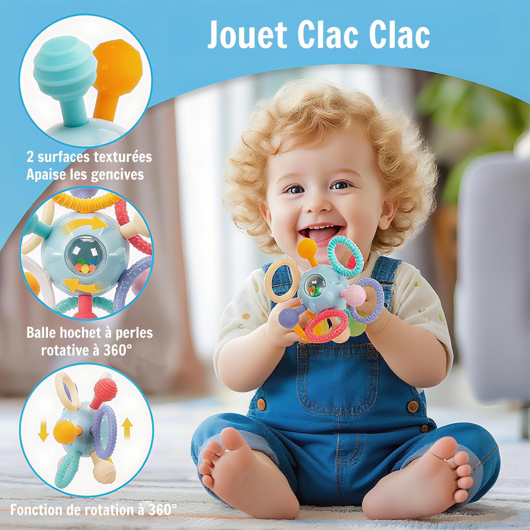 Coffret Cadeau Jouets Montessori Bébé 3 Mois+ – Balle Sensorielle, Anneau Dentition, Cubes Empilables