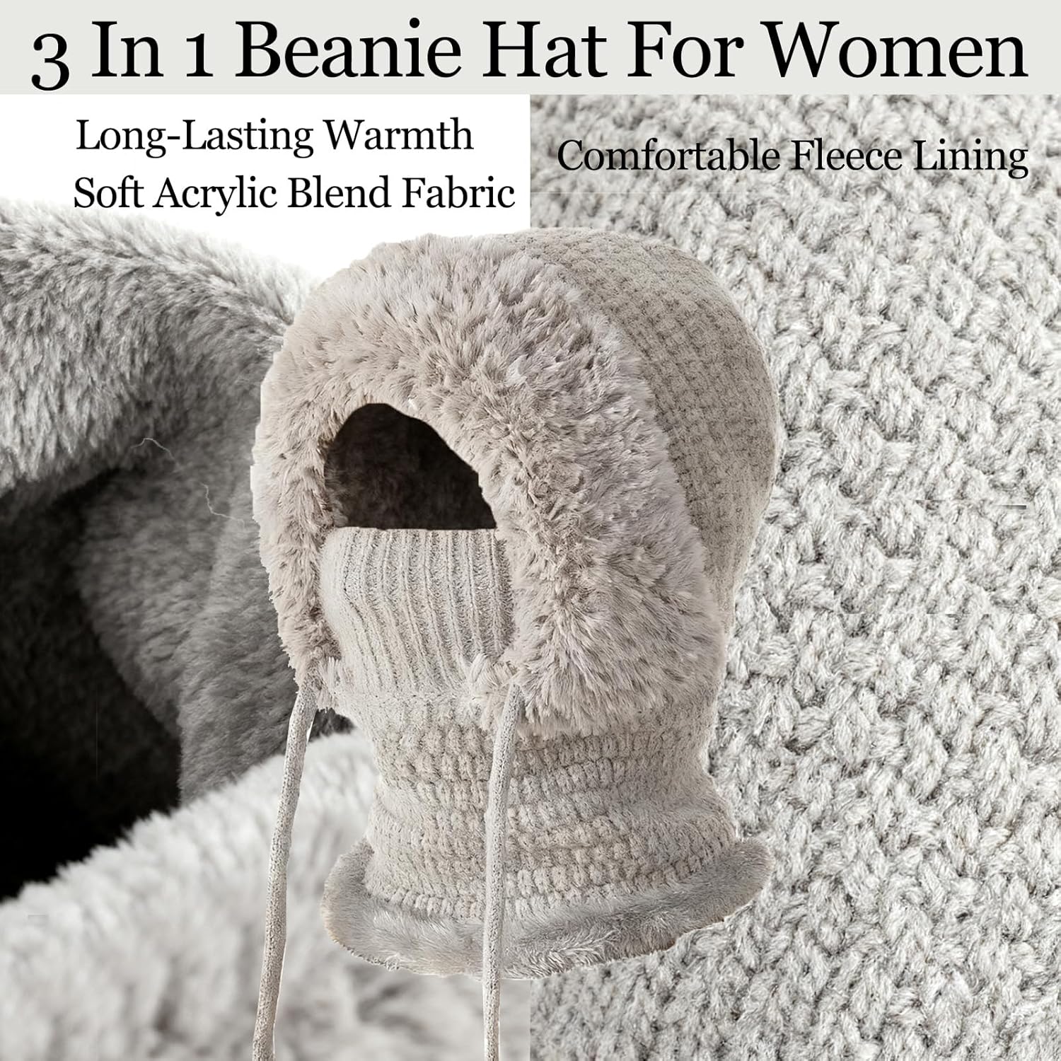 3 in 1 Beanie Hat with Scarf and Mask Winter Hat Scarf Mask Outdoors Windproof S-Carf Ha-t Grey - Image 2