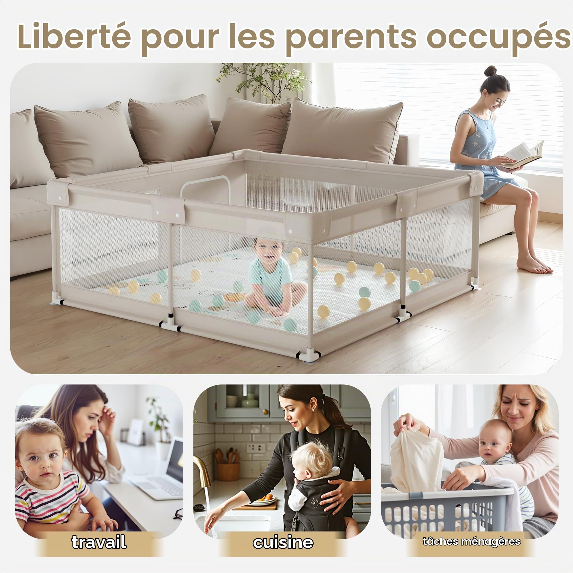 Parc Bebe 150×150cm - XXL Parc Bébé avec Tapis Tissu Oxford, Maille Respirante et Ventouses Antidérapantes, Espace de Jeu Sécurisé pour Bébé
