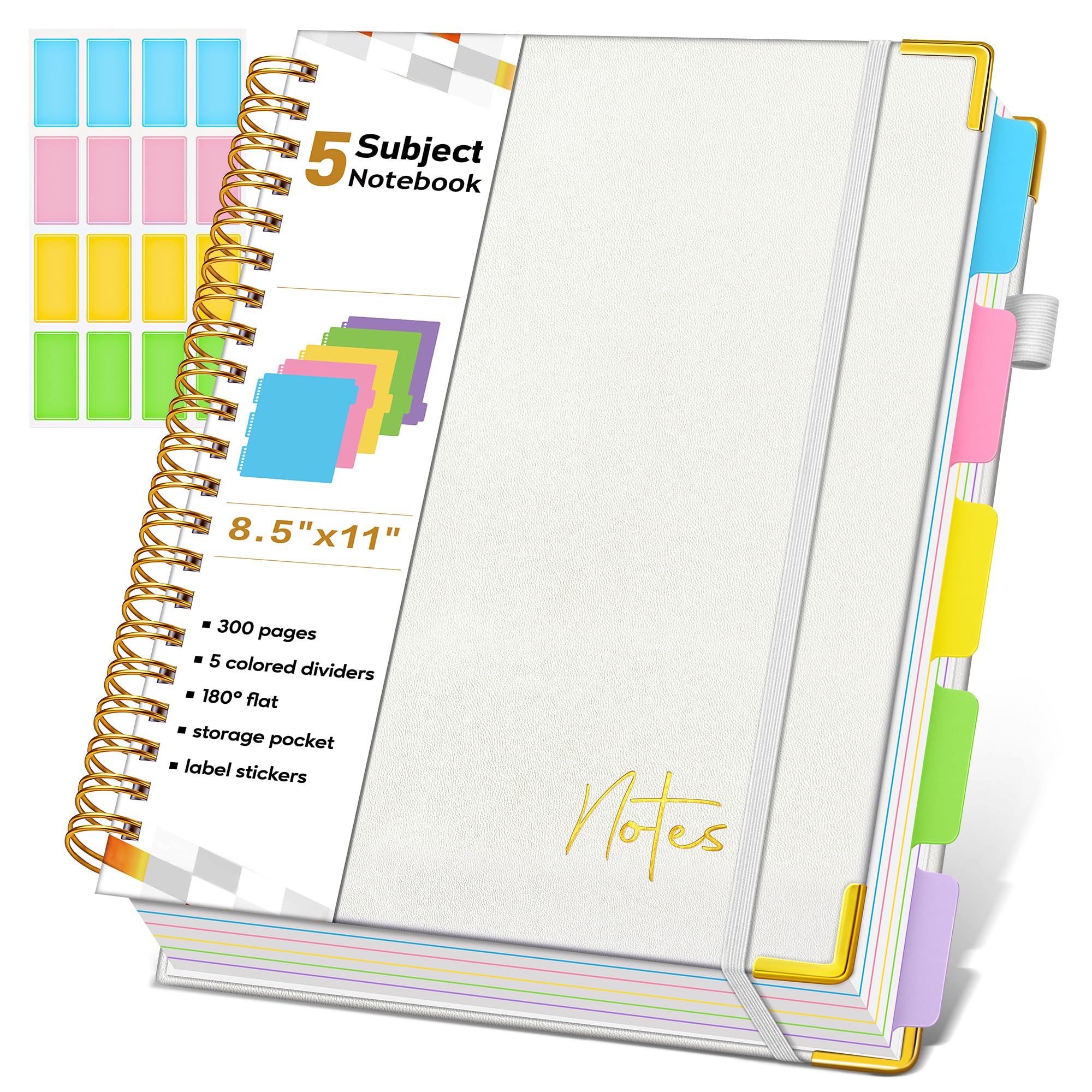 Spiral Notebook Journal with Removable Dividers Tabs, 300 Pages Hardcover Leather 5 Subject College Ruled Notebook, 8.5"x11" Large A4 Lined Journal for Women Men, Spiral Notebook for Work School,Beige