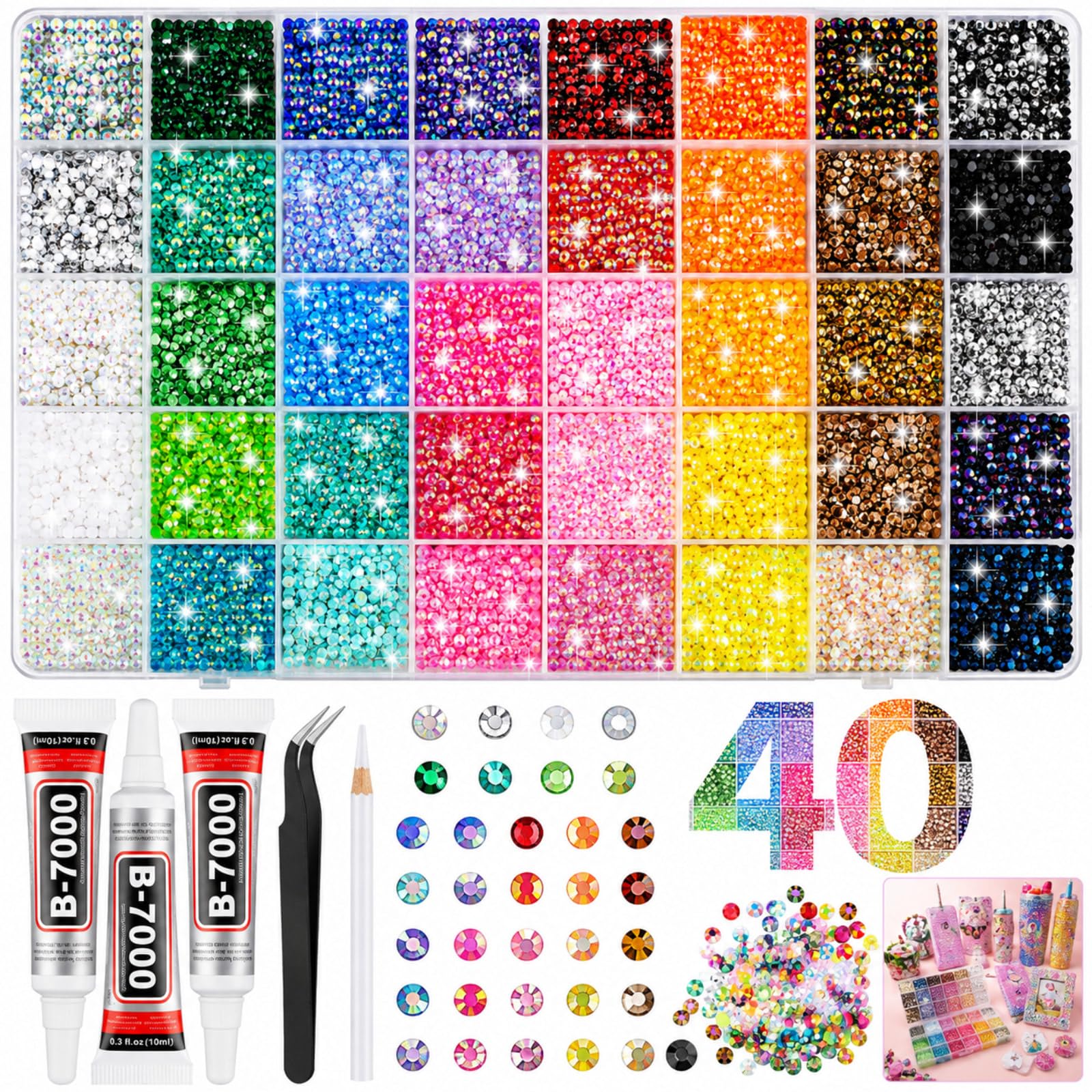 Bedazzling Kit 32000Pcs 40 Colors Resin Jelly Rhinestones Multicolor 3mm Flatback Gems for Diamond Art Bedazzler Kit with 3Pcs 10ml B7000 Jewelry Glue & Tools Christmas Birthday Gifts for Women