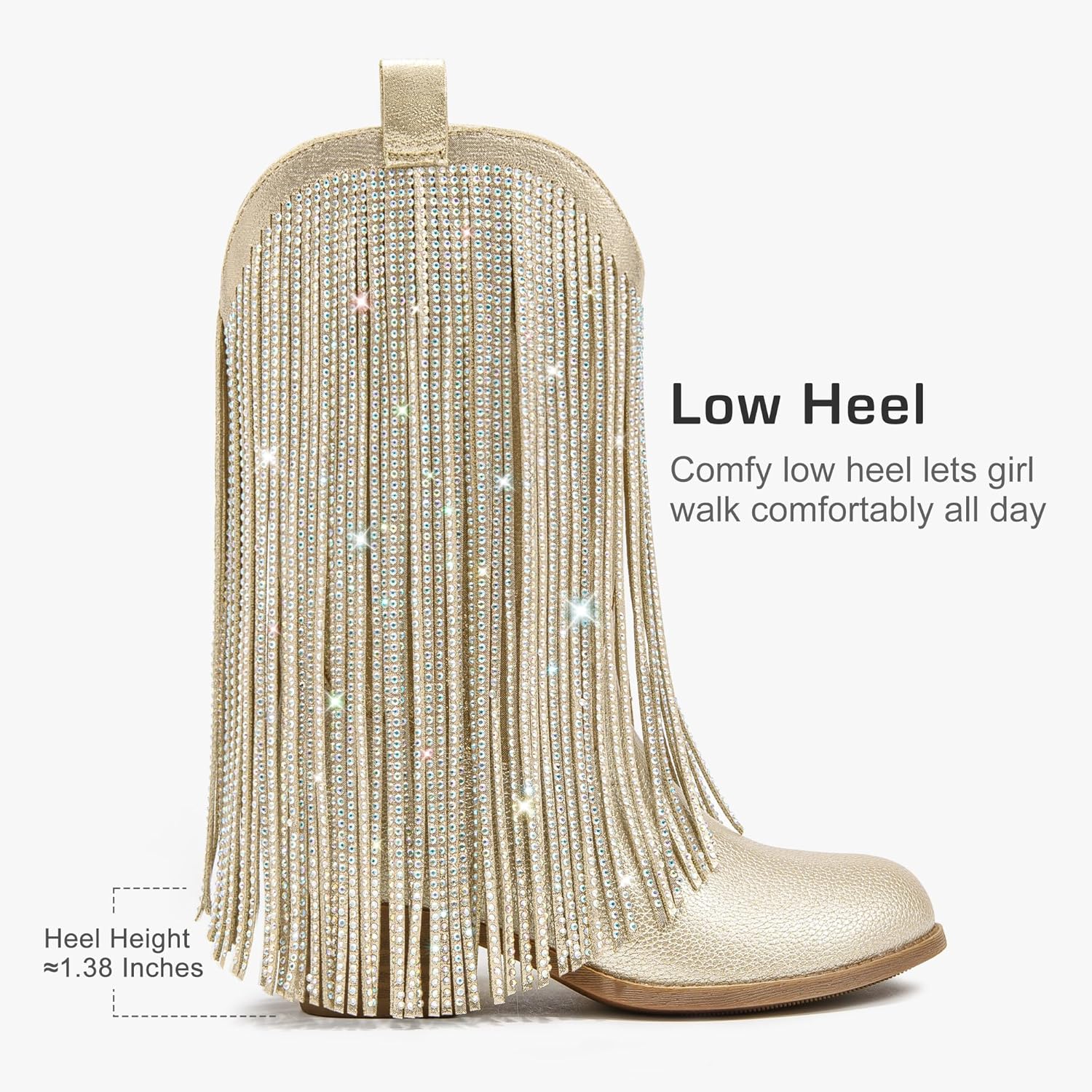LAURMOSA Rhinestone Fringe Cowgirl Boots for Girls Mid Calf Pointed Toe Cowboy Boots for Toddler Little Big Kids Party Country