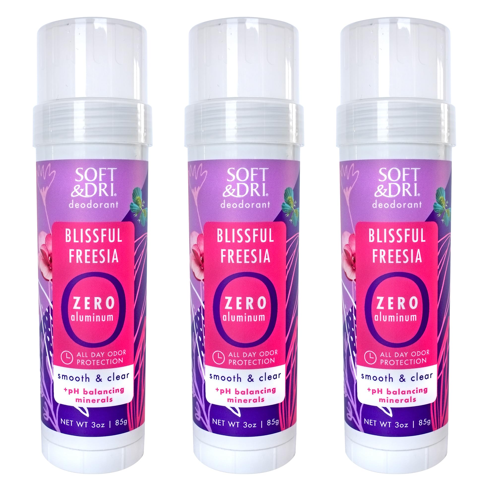 Soft & Dri Blissful Freesia Aluminum Free Deodorant, 3 oz, Smooth and Clear Stick, pH Balancing Minerals, Pack of 3