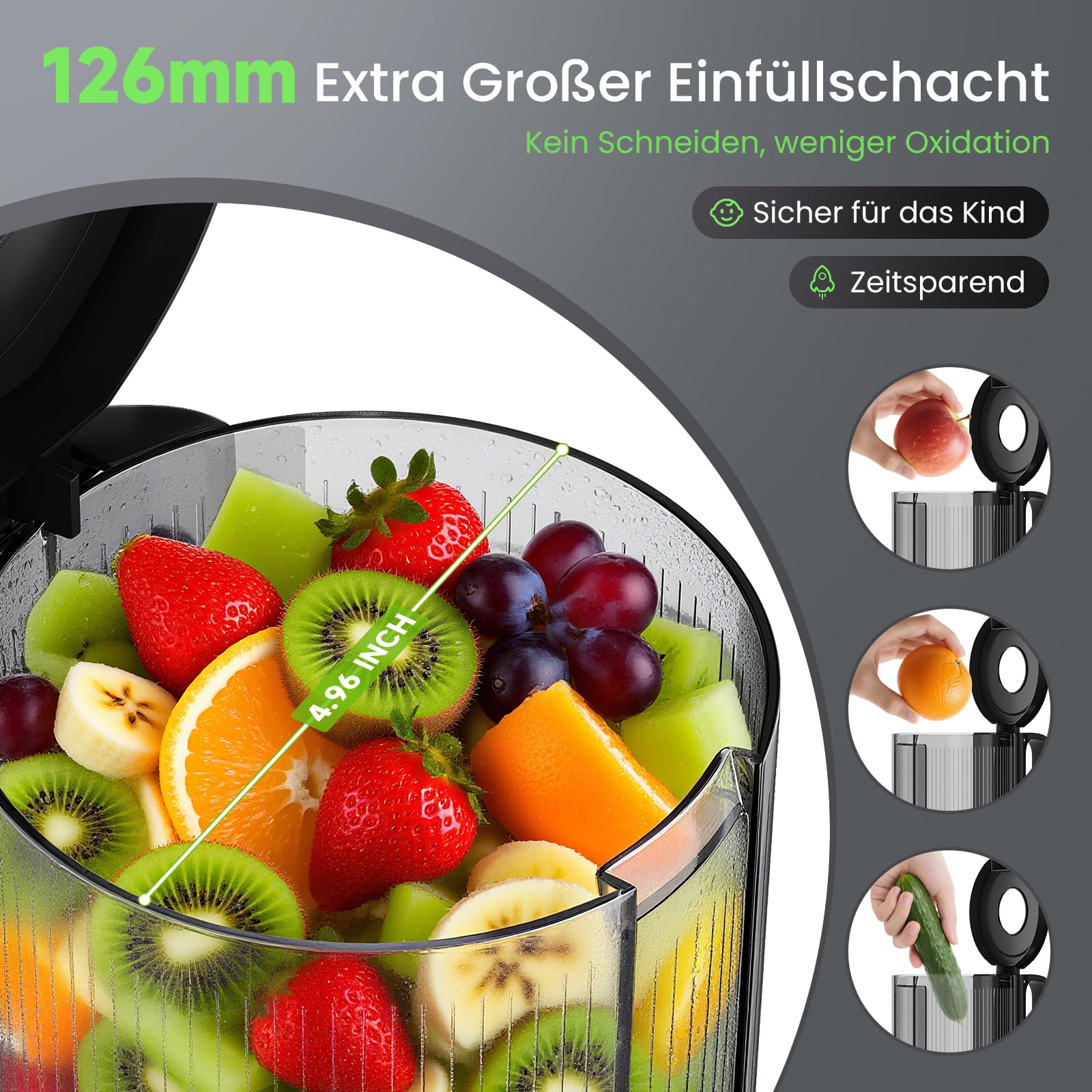 HOMELUX Sokowirówka 220 W Slow Juicer, 126 mm, otwór wlotowy do całych warzyw i owoców, elektryczna wyciskarka z 2 filiżankami, szczotka do czyszczenia, nie zawiera BPA, łatwa do czyszczenia, srebrna