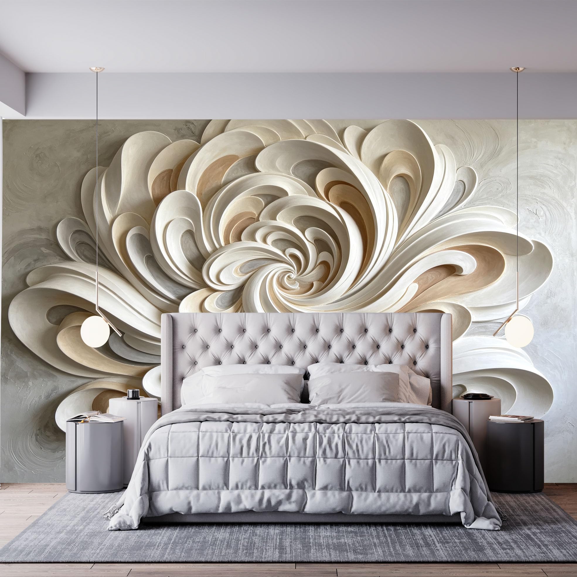 Papel pintado floral escultórico abstracto con efecto 3D pétalos remolinos papel pintado no tejido moderno lujo pétalos curvos revestimiento de pared en 400 x 280 cm crema beige decoración de pared de