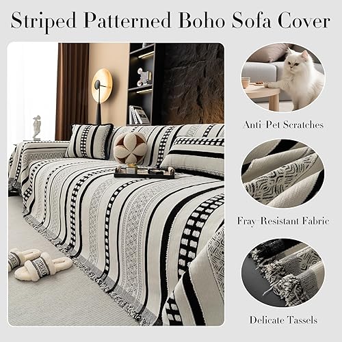Miniatura 3 de Funda de sofá a rayas, estilo bohemio, funda de sofá para perros, fundas de sofá grandes para sillón reclinable y silla, fundas de sofá de felpilla