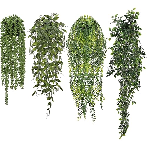 BINBE 4 Pack Artificial Hanging Plants, Fake Potted Vine Plants Hanging Plant with Pot 4 Styles Faux Greenery Plants for Indoor Outdoor Home Room Decor