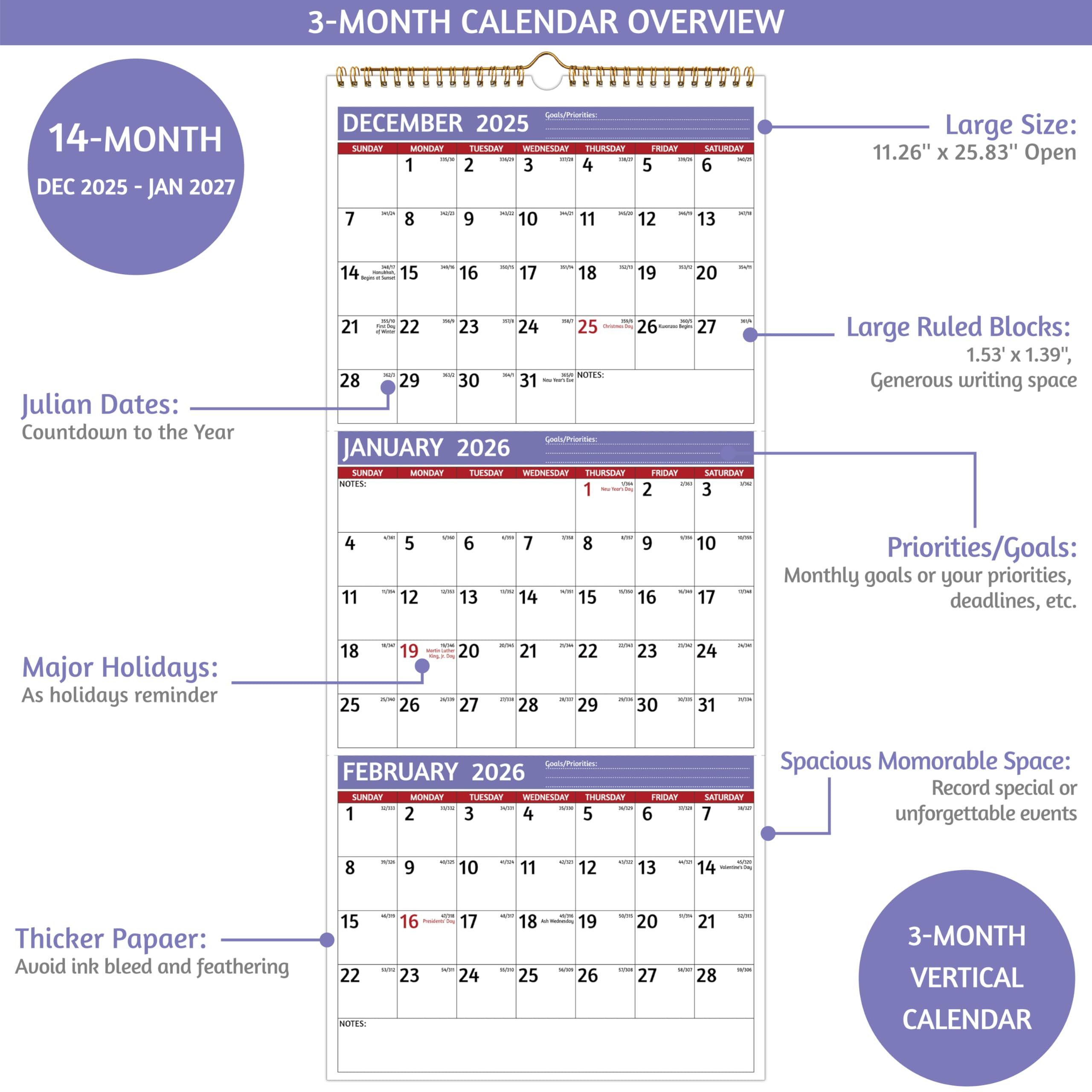 Amazon.com: 2026 Wall Calendar - 3 Month Calendar 2026 Vertical