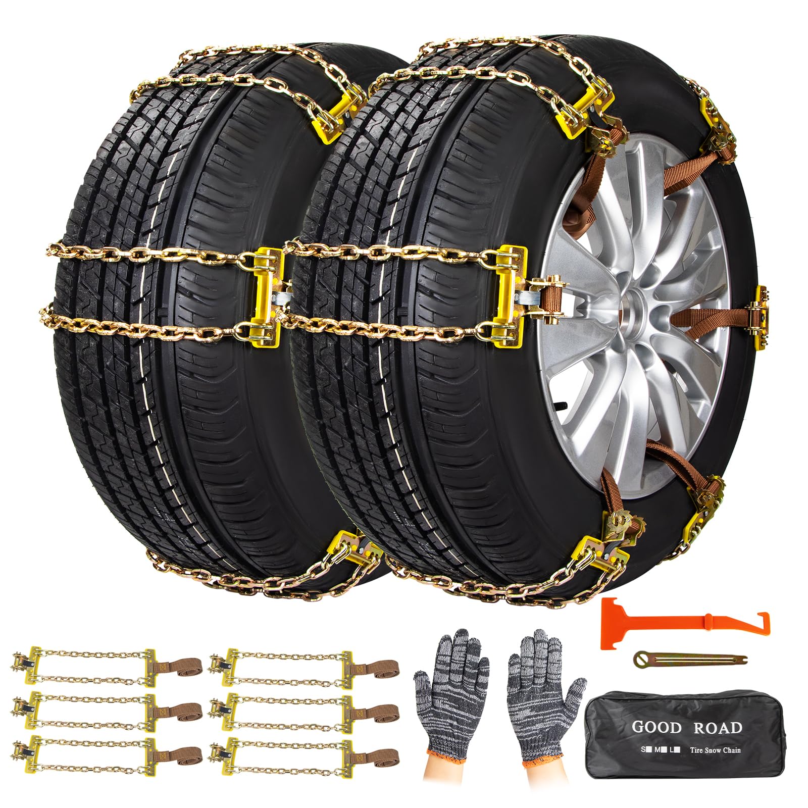 Cadenas para Nieve - Juego de 6 Ajustables y Resistentes Con Pala de Plástico y Guantes - Para Coches, Camiones, SUV - Ancho 165-265 mm
