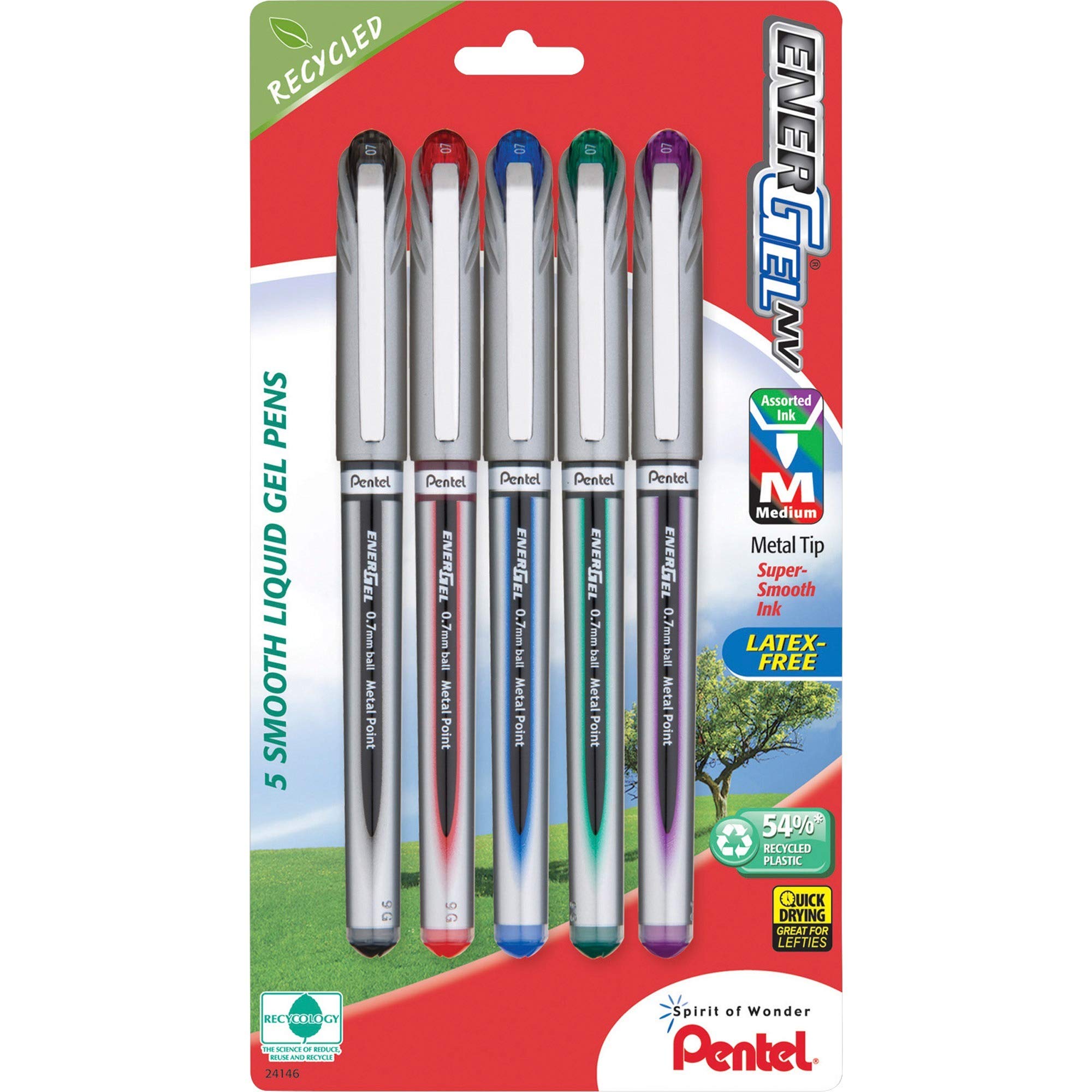 Pentel ENER-GEL NV Liquid Gel Pen, Medium Line, Metal Tip, Assorted Ink, 5 Pack (BL27BP5M)