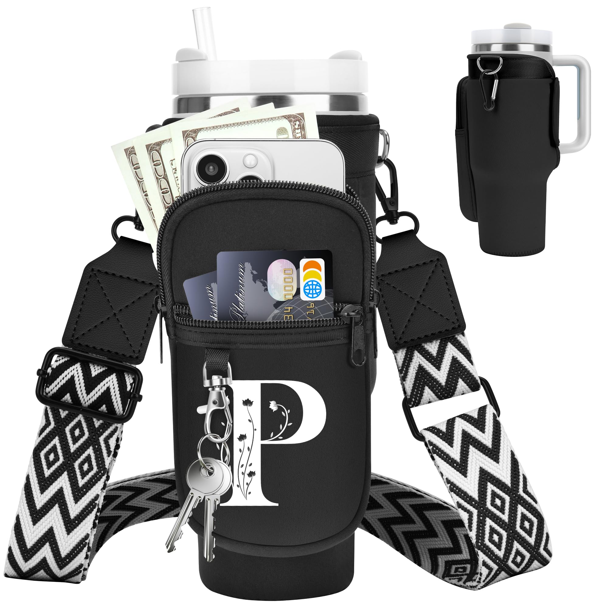 Initial Water Bottle Holder with Strap for Stanley Cup 40 oz Tumbler
