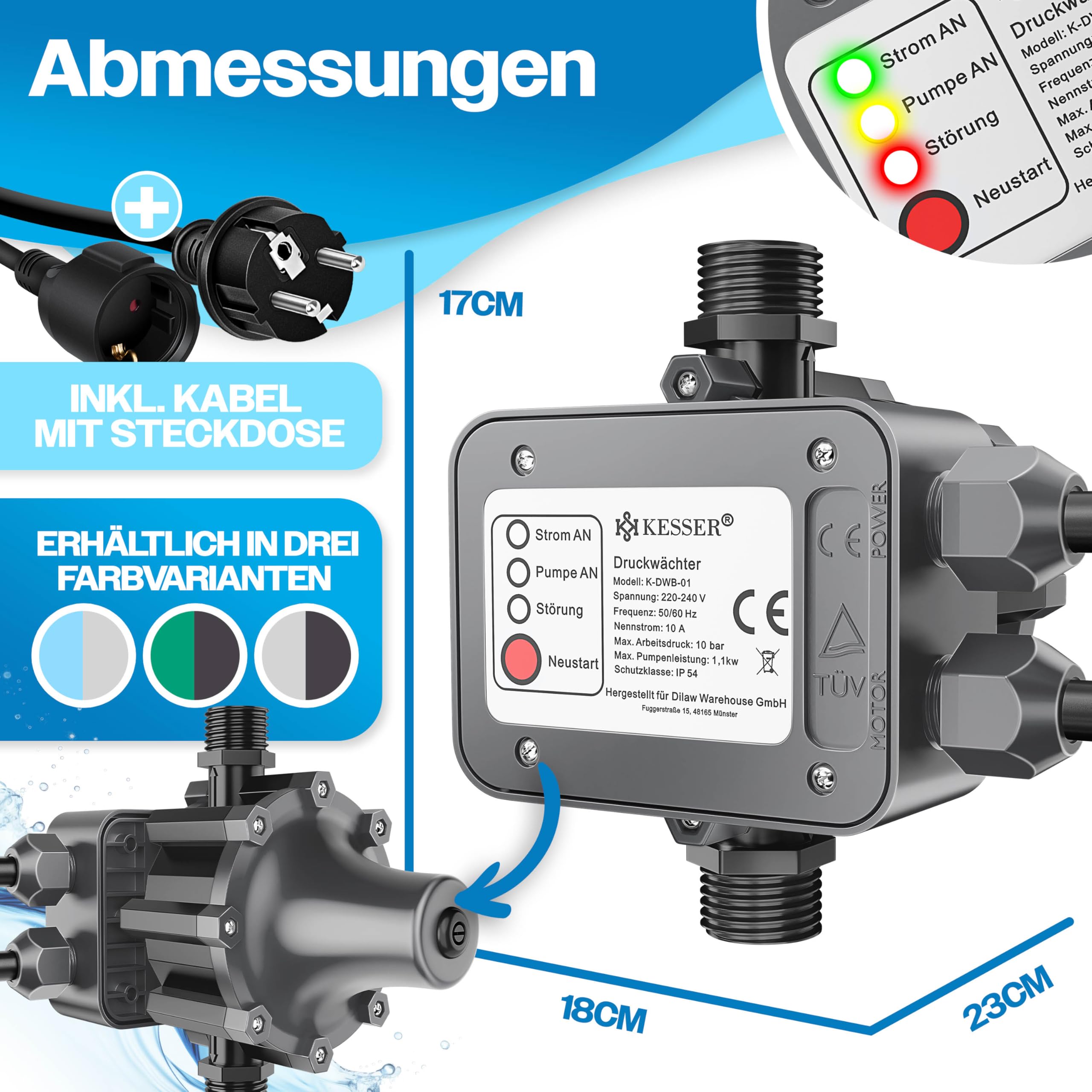 KESSER® Druckwächter Druckschalter | 10 bar Pumpensteuerung | Hauswasserwerk | Gartenbewässerung | Mit Kabel | konstanter Wasserdruck | Garten & Haus | automatisches Ein- und Ausschalten, Anthrazit