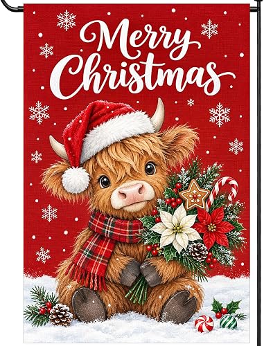 Highland Cow Christmas Garden Flag 12x18 Merry Christmas Winter for Outside