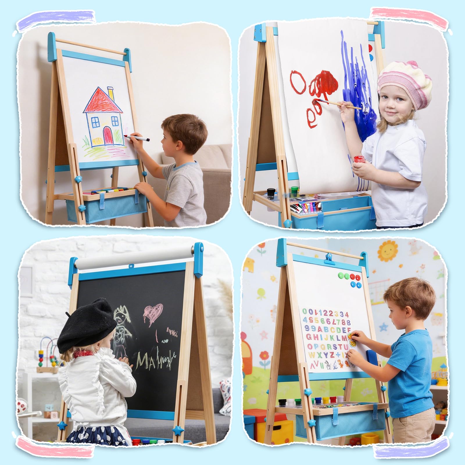 Lavagna per Bambini con Cavalletto Regolabile in Altezza 115-134cm, 3 in 1 Lavagna Magnetica e Bianca in Legno Massello con Rotolo di Carta e Kit 13 Accessori Lifting Drawing Board Bracket