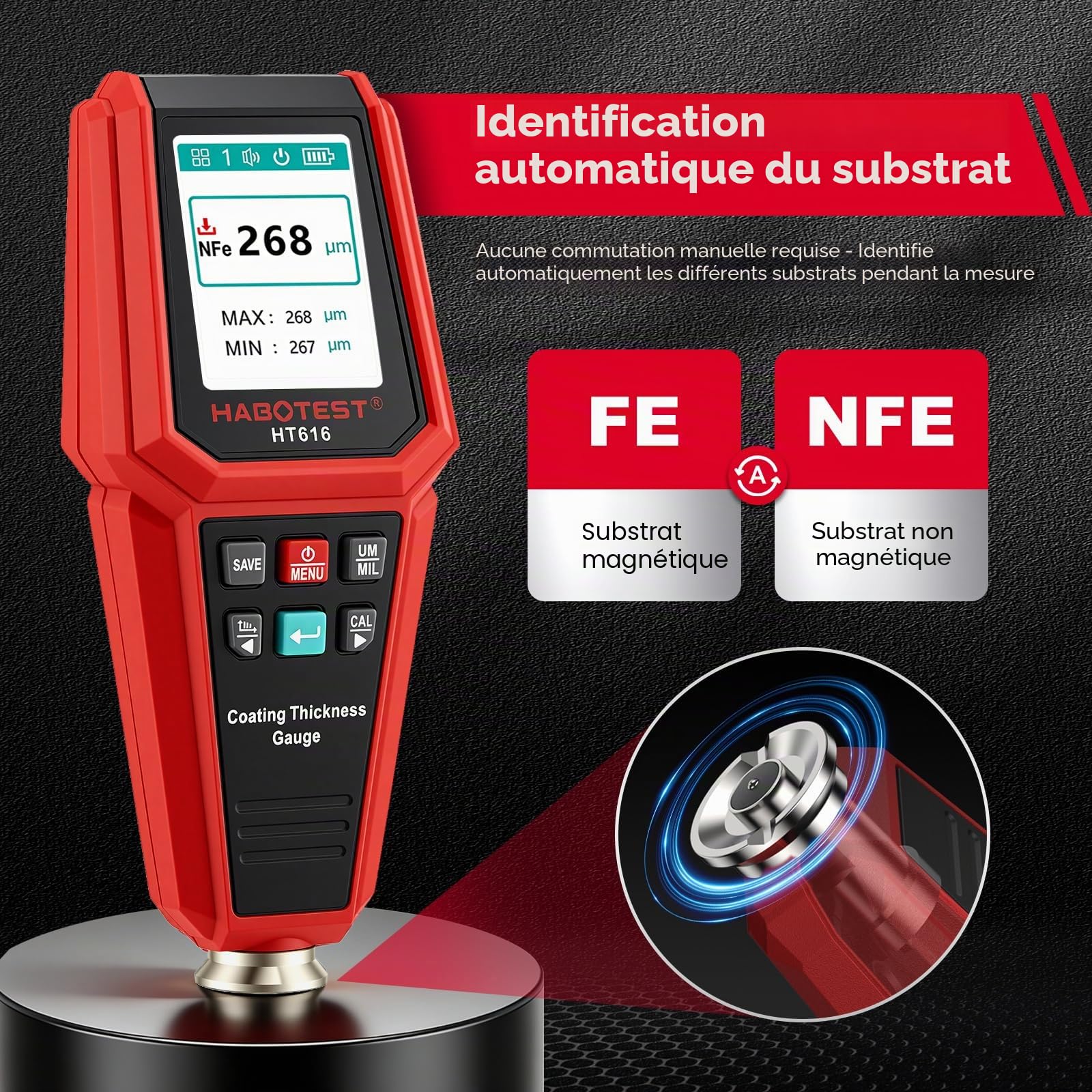 Jauge d‘Épaisseur de Peinture pour Voitures – Testeur Numérique avec Sonde Fe/NFe, Écran Couleur 4 Sens, Graphique en Barres, Alarme – Appareil de Mesure 0-1800μm pour Carrosserie Acier et Aluminium